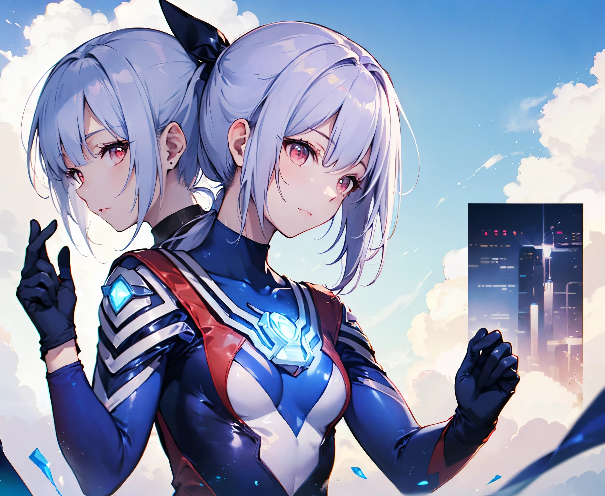 (Close-up:1.3),Realistic,highest quality, Ultra Detail, High-quality CG rendering, The most delicate and beautiful, Floating softly, High resolution, (1 girl), (Highest quality,4K,8K,masterpiece:1.2) ,Light purple hair,Rabbit,Bunny ears,(ponytail:1.5),Red eyes,(Ultra Girl:1.0),(Bright blue Ultraman bodysuit:1.4),(Blue gloves:1.3),(Blue shoes:1.3), (Turn your back to your audience:1.3),Ass,(背中にウサギのAss尾:1.5),(Upper Body:1.3)