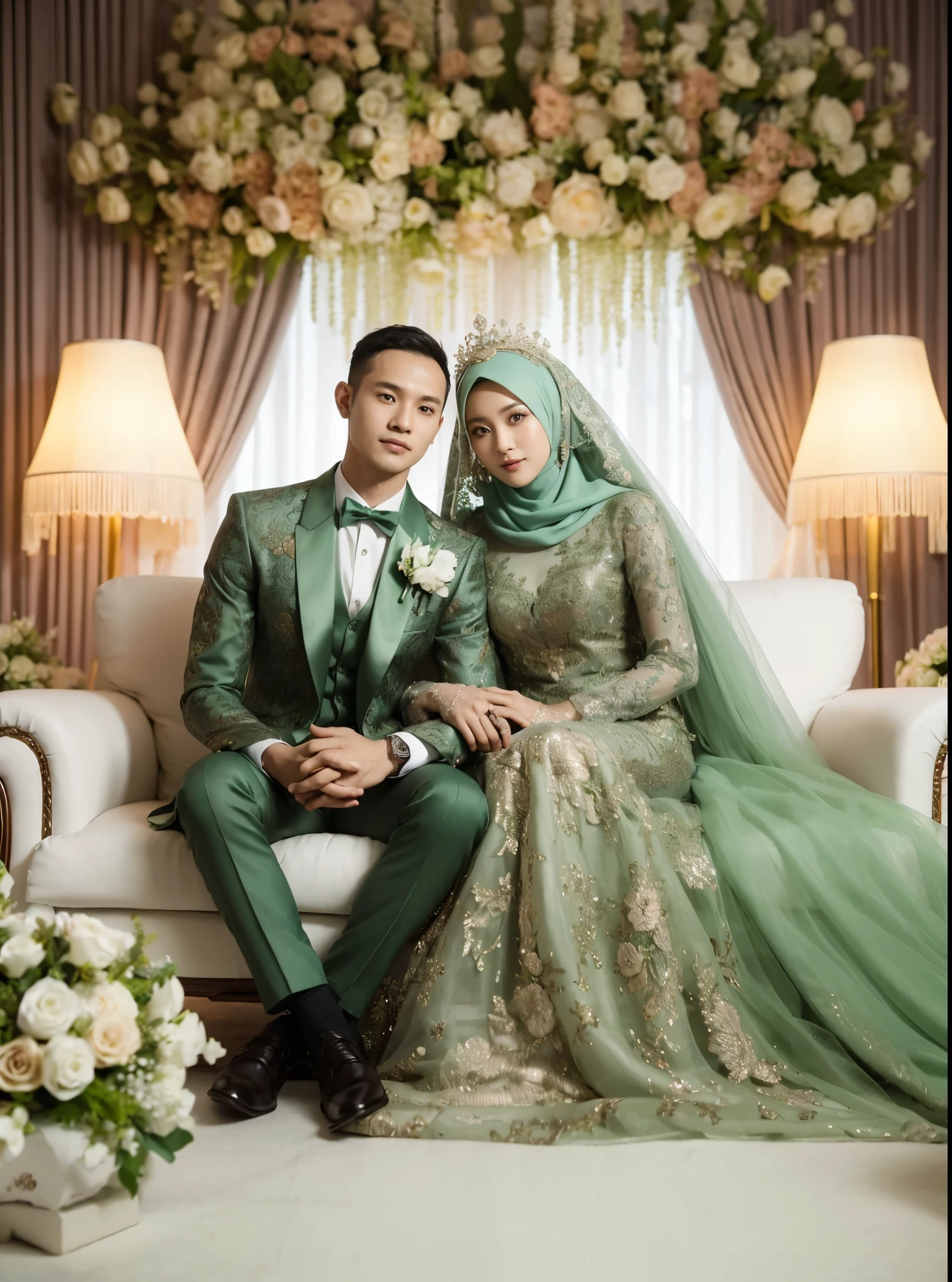 wedding photo, an Indonesian man and woman aged 30, wearing suits and wedding dresses with luxurious green colors, Muslim with hijab, background of flower arrangements and lights, sitting on a white sofa, embracing each other, posing for the camera, realistic photo, UHD, 32k