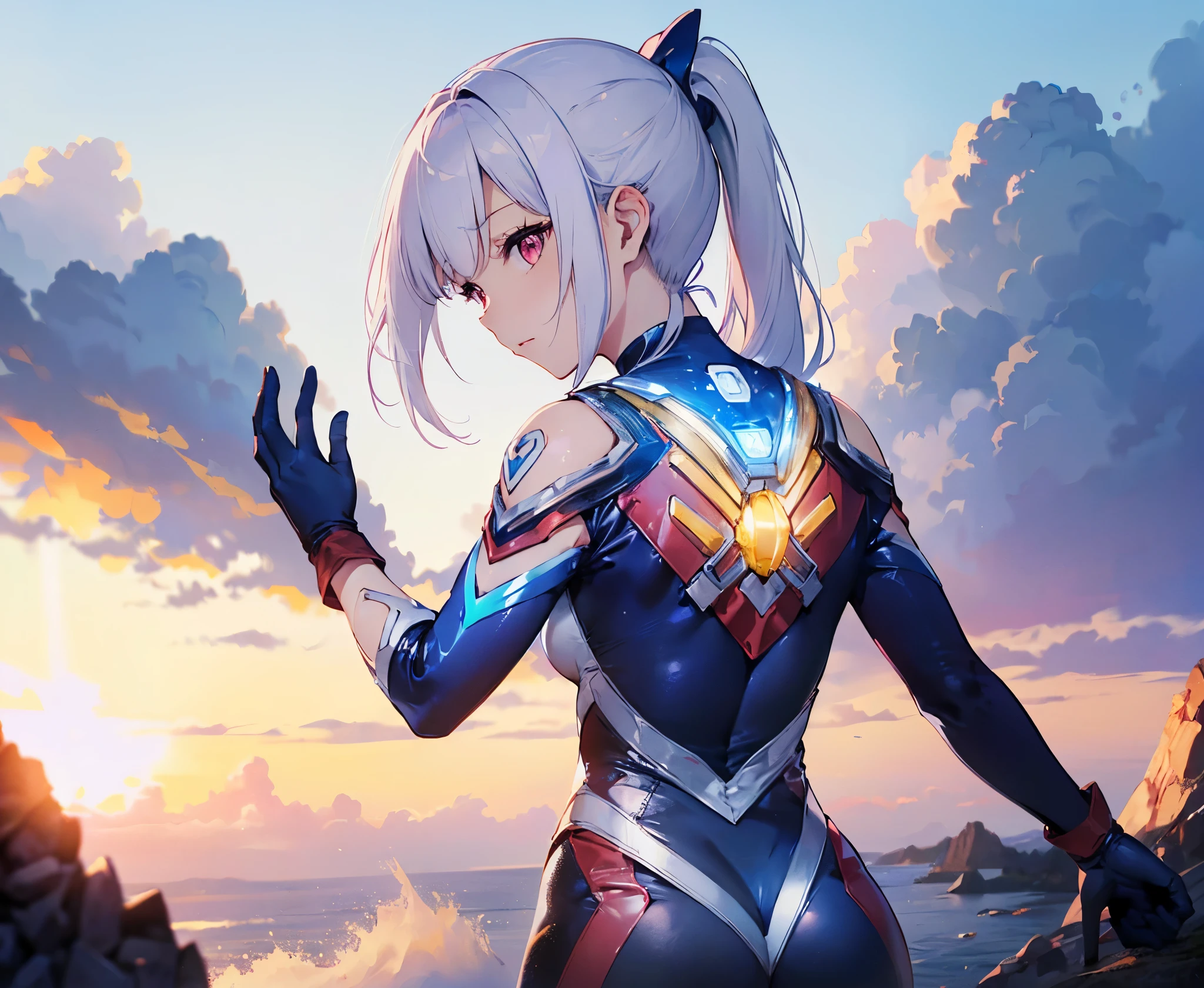 (Close-up:1.3),Realistic,highest quality, Ultra Detail, High-quality CG rendering, The most delicate and beautiful, Floating softly, High resolution, (1 girl), (Highest quality,4K,8K,masterpiece:1.2) ,Light purple hair,Rabbit,Bunny ears,(ponytail:1.5),Red eyes,(Ultra Girl:1.0),(Bright blue Ultraman bodysuit:1.4),(Blue gloves:1.3),(Blue shoes:1.3), (Turn your back to your audience:1.3),Ass,(背中にウサギのAss尾:1.5),(Upper Body:1.3)