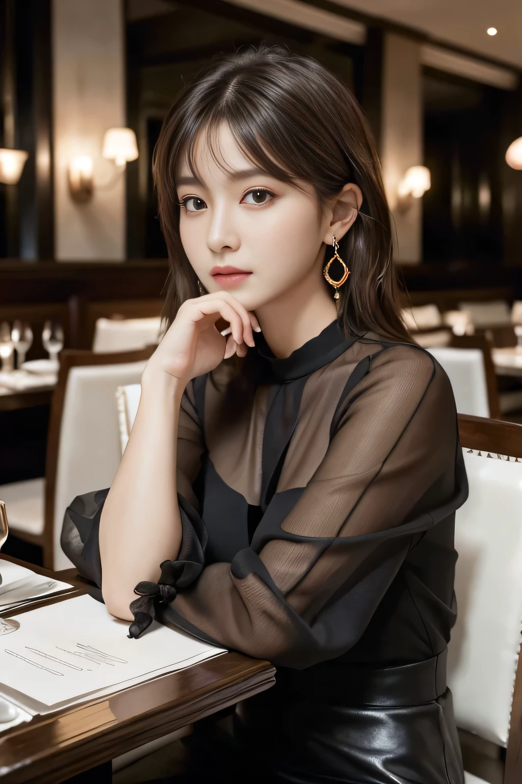 masterpiece, highest quality, Realistic, Very detailed, Finer details, High resolution, 8k wallpaper, One beautiful woman, Wear an elegant black see-through blouse, In a great restaurant, At night, Light brown shaggy haircut, Perfect dynamic composition, Beautiful and beautiful eyes、Big earrings、Sitting in a chair、No sleeve、