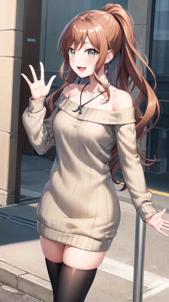 masterpiece, best quality, highres, Imai Lisa, long hair, ponytail, grey eyes, earrings, necklace, collarbone, off shoulder, sweater dress, long sleeves, black thighhighs, street, standing, cowboy shot, smile, waving, open mouth,