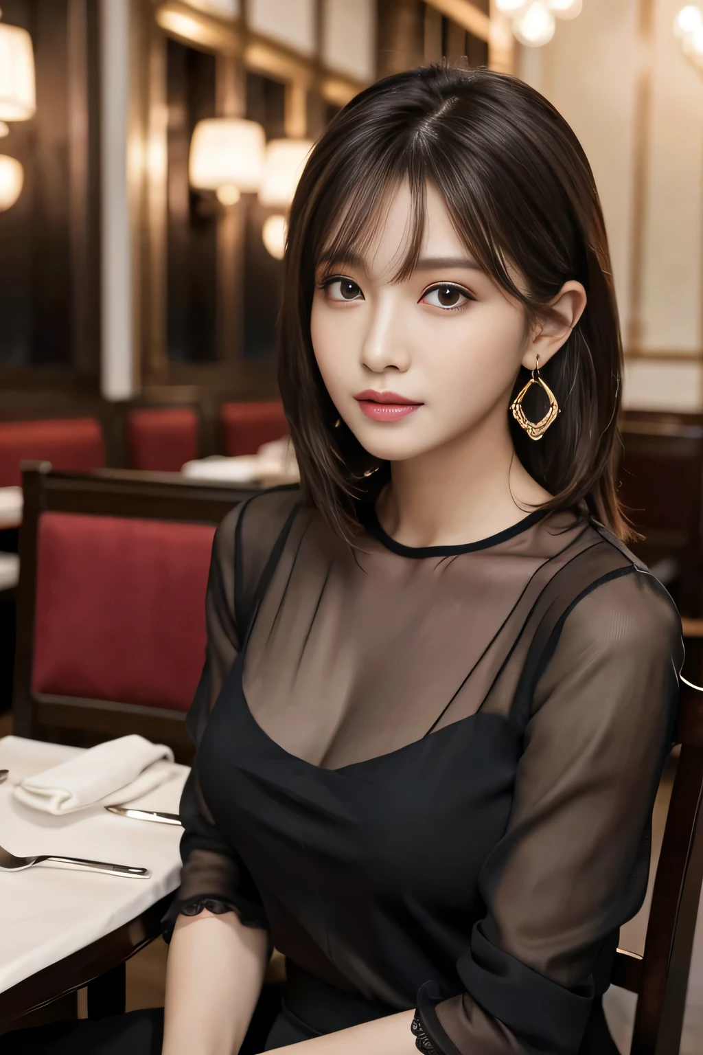 masterpiece, highest quality, Realistic, Very detailed, Finer details, High resolution, 8k wallpaper, One beautiful woman, Wear an elegant black see-through blouse, In a great restaurant, At night, Light brown shaggy haircut, Perfect dynamic composition, Beautiful and beautiful eyes、Big earrings、Sitting in a chair、No sleeve、