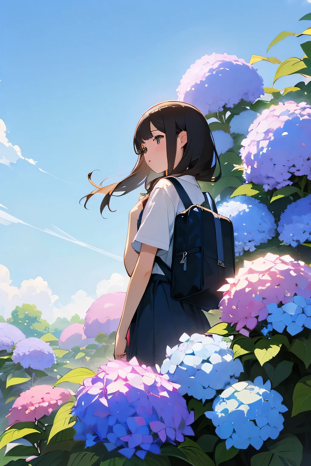 girl returning from school、Background hydrangea、highest quality、Delicate drawing、looking at the camera、Shortcuts、high resolution、blue sky、