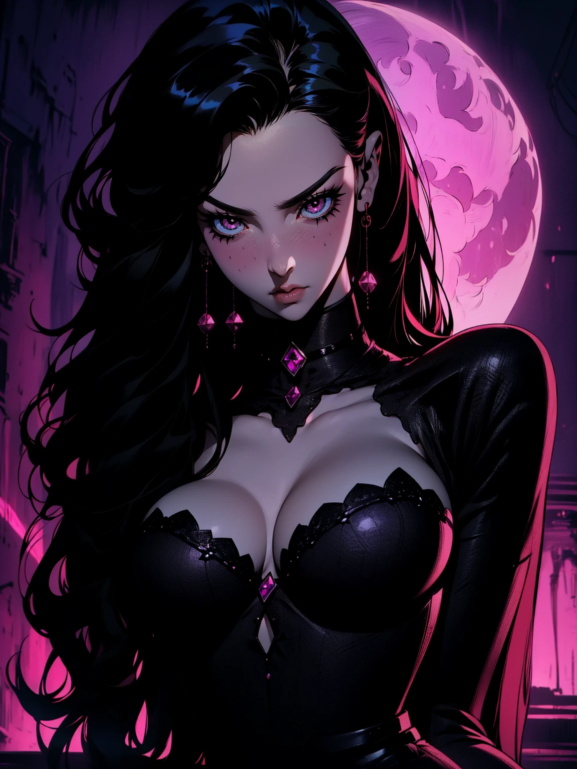 {-erro_de_anatomia:1.0} (best quality,4k,8k,highres,masterpiece:1.2) (masterpiece, top quality, best quality, official art, beautiful and aesthetic: 1.2), (1 woman: 1.3) Succubus girl, long black hair , magenta eyes, (crystal eyes) succubus wings, magenta pant, magenta gloves, attractive, moonlight, dinamic poses, perfect hands (perfect fingers), angry face, dinamicc poses