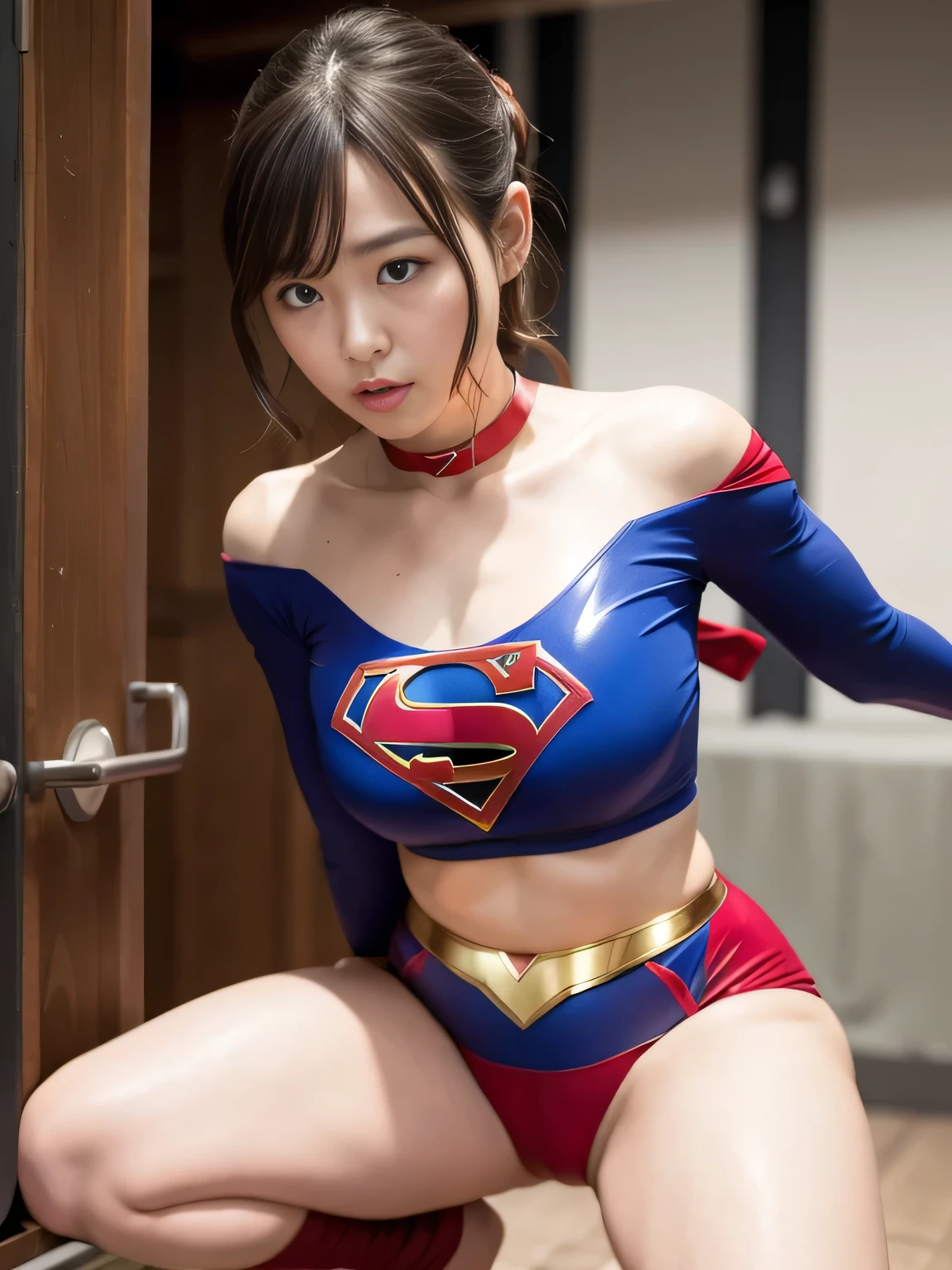 masterpiece、Supergirl Costume、short hair、barefoot、Big and ample breasts、Crisis situation、Complete surrender、Inside the prison、torture chamber、Abused、Humiliating torture、Squatting Pose、Shiny Sweaty Skin、looking at the camera、choker、Long sleeve、Sexy poses to seduce、Off the shoulder、latex、from right in front、Crotch tearing、Sweat、