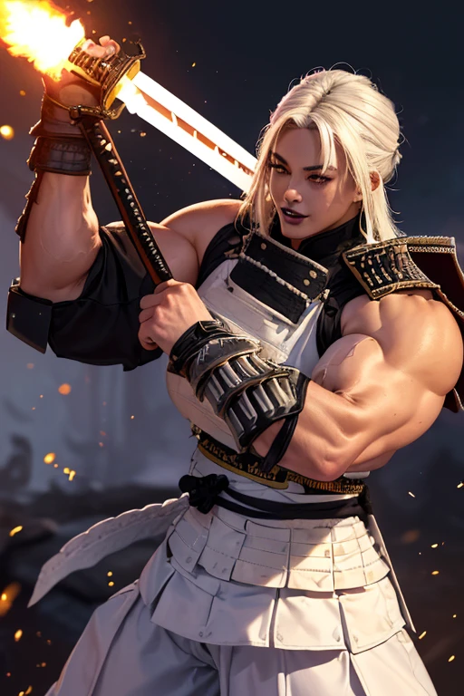 ((((Massive, tall, beautiful, buff, muscular light brown skinned female samurai with white hair, black lipstick, ginormous bulky muscles, holding a white fire sword and wearing an all white samurai armor with pants)))), {close view}, black eyeliner, massive muscles, large breast, massive biceps, hyper muscle triceps, (long straight hair), blue eyes, samurai boots, In a battlefield, sleeveless, steel samurai armor, nighttime, confident smile, hyper muscles arms, hyper muscle legs, ginormous arms