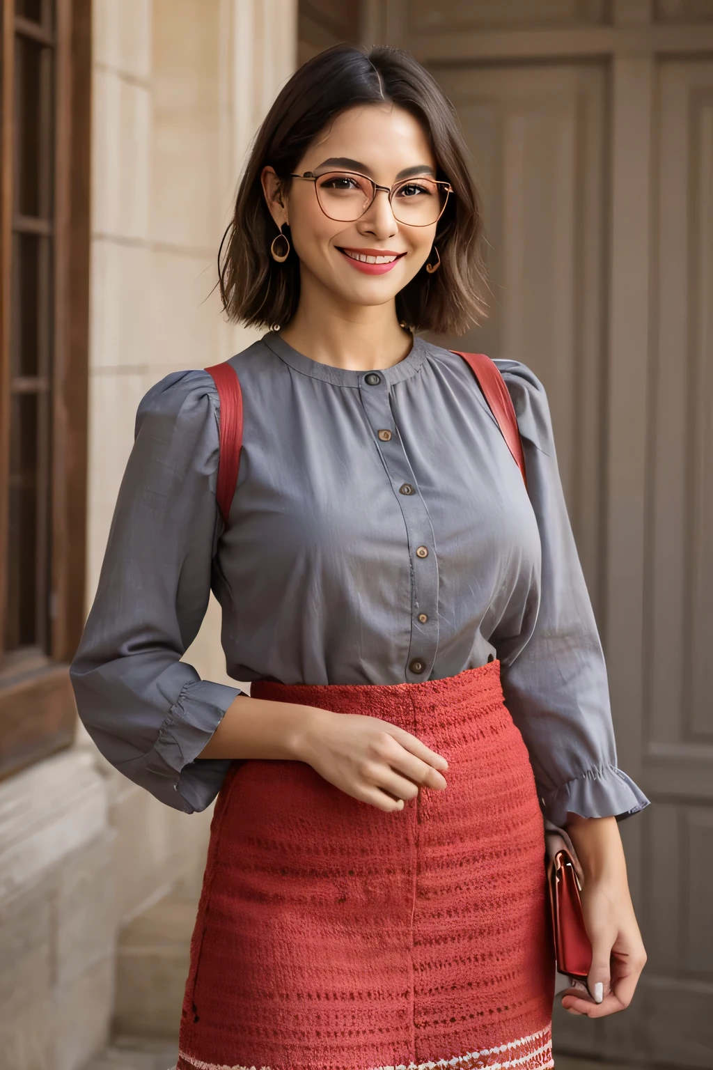 Write several detailed prompts to generate a beautiful picture for the neural network. Neural network: "Uma mulher jovem, de pele clara, com cabelos escuros ondulados, cortados na altura dos ombros. She wears large, round-framed glasses., com lentes transparentes. Her eyes are brown and she is smiling slightly. A mulher tem sobrancelhas espessas e bem definidas, e seu rosto tem formato oval. She is wearing a gray sleeveless blouse and holding a red crochet bag.. Her expression is friendly and calm.
Por favor, dress the woman in typical evangelical clothing, which includes a midi or long skirt and a long or three-quarter sleeve blouse, com um estilo modesto e cores discretas, como azul, marrom ou cinza.