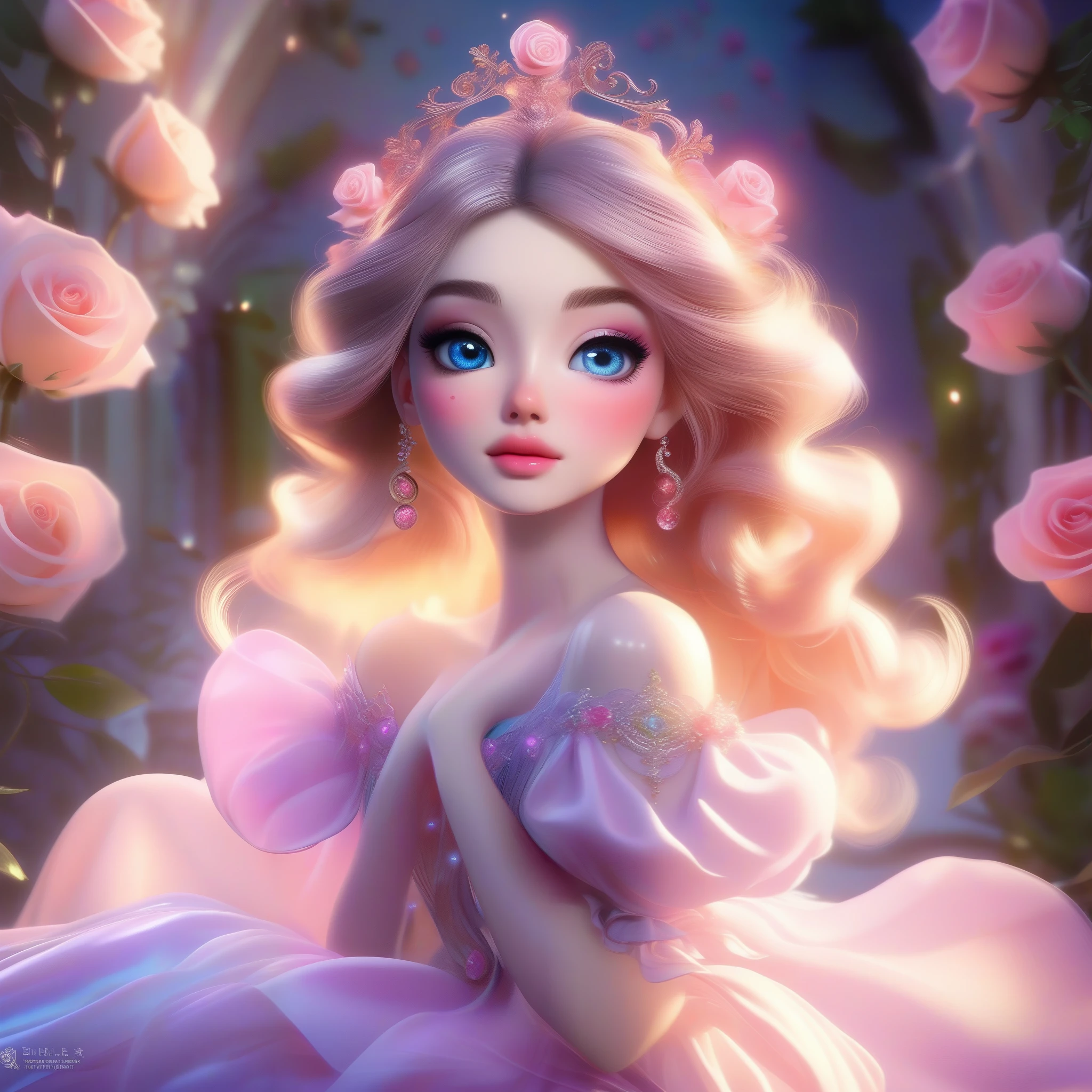 (This is a beautiful, soft, ethereal, and (romantic) fantasy image with a persistent pink aura, fairytale fantasy elements, and a lovely color palette.) Generate a beautiful fairy woman with beautiful puffy lips and beautiful detailed eyes. Her glossy curled hair is realistically detailed and her (ringed eyes) are interesting and colorful. Surround her with eternal roses in shimmering shades of pink and purple.  Include luminous flowers and detailed roses. Utilize dynamic composition and dramatic lighting and cinematic lighting to create an interesting fantasy image. The background of the image is interesting and ultra-detailed, with soft fantasy lighting and gradients. English rose, princess, sweet, lovely, shimmering, glimmering, glittering, astrological fantasy, (((masterpiece))), (highest quality), beautiful eyes, perfect puffy lips, jewel tones, luminosity.  8k, Unreal Engine 5, octane render, trending on pixiv, fanbox, skeb, masterpiece, detailed face, smooth soft skin, big dreamy eyes, beautiful intricate colored hair, anime wide eyes, soft lighting, concept art, digital painting, elegant expression, elegant face, smiling puffy lips