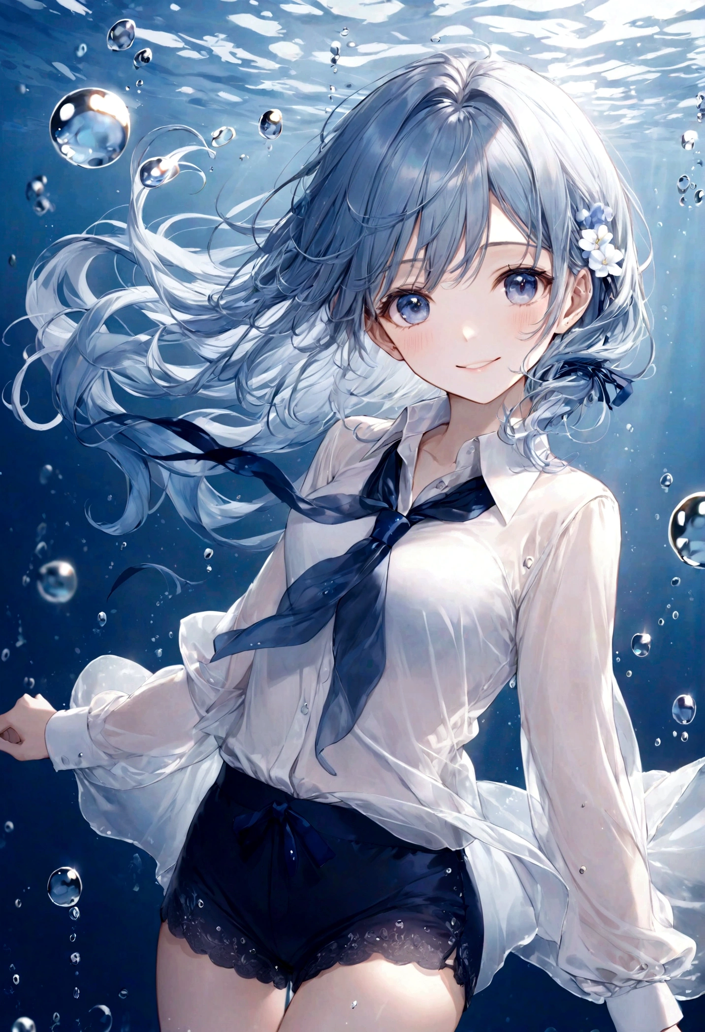 (top-quality)), ((​masterpiece)), ((ultra-detailliert)), (extremely delicate and beautiful), bright sky blue hair, watery hair, bright sapphire eyes, fair skin, beautiful woman, sheer white shirt, sheer silky navy blue shorts, navy blue ribbon tie, pearl decorations, underwater world, cold background, air bubbles, water bubbles, underwater, sweet smile, relaxed expression, delicate wavy long hair, blue and white flowers on hair
