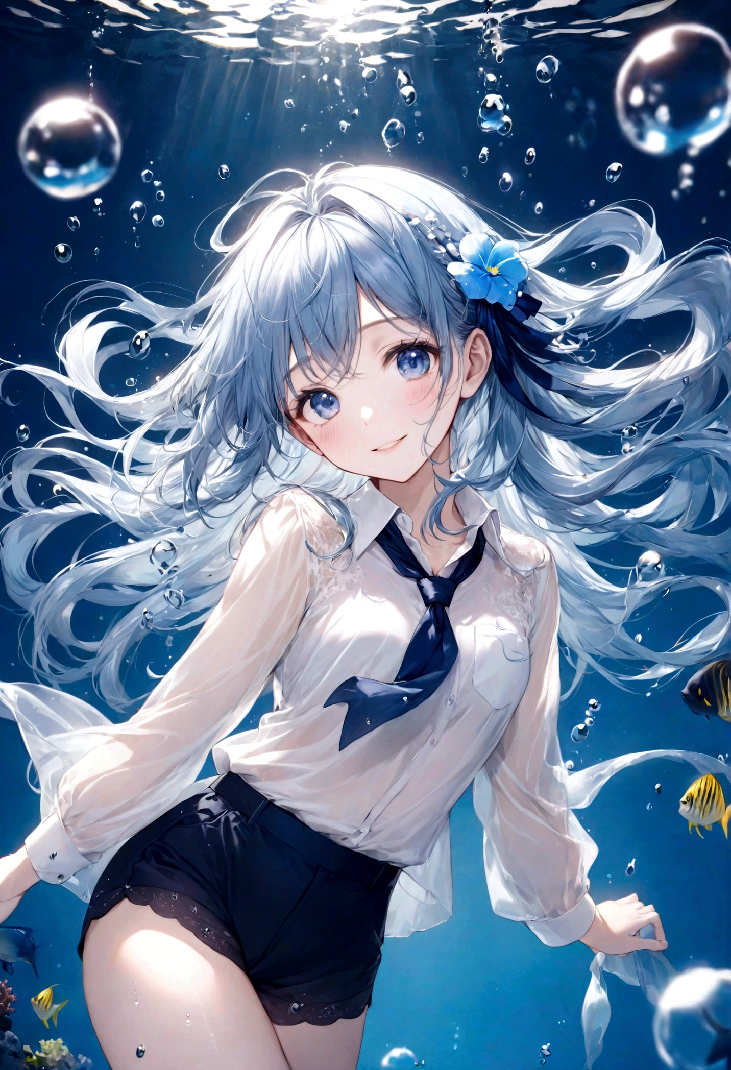 (top-quality)), ((masterpiece)), ((ultra-detailliert)), (extremely delicate and beautiful), bright sky blue hair, watery hair, bright sapphire eyes, fair skin, beautiful woman, sheer white shirt, sheer silky navy blue shorts, navy blue ribbon tie, pearl decorations, underwater world, cold background, air bubbles, water bubbles, underwater, sweet smile, relaxed expression, delicate wavy long hair, blue and white flowers on hair
