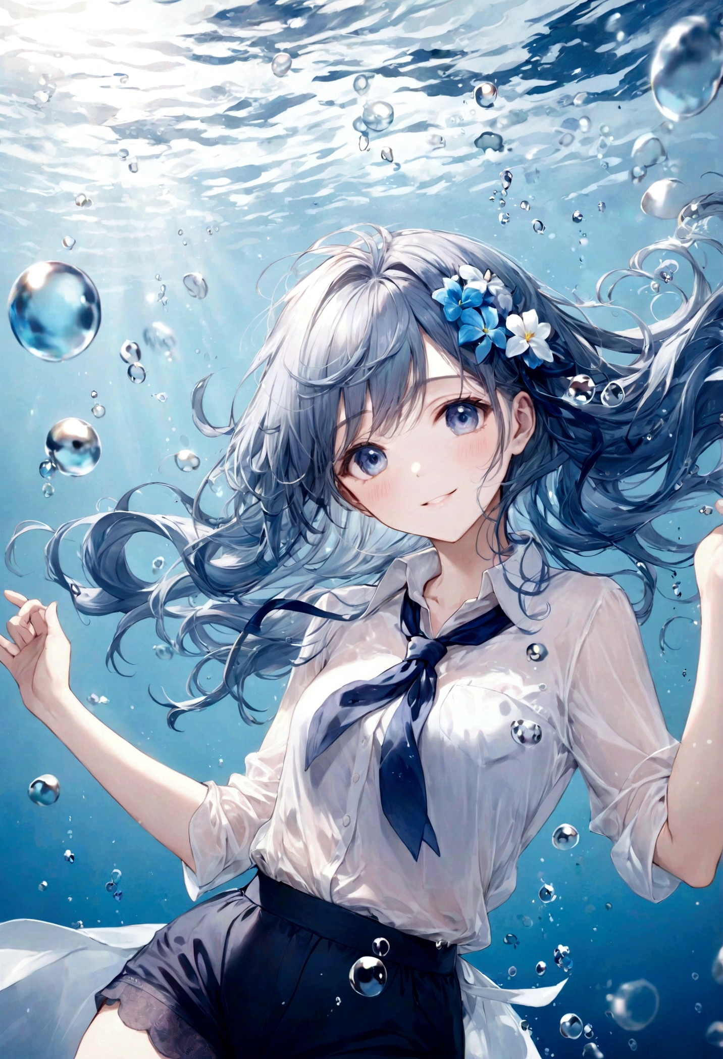 (top-quality)), ((​masterpiece)), ((ultra-detailliert)), (extremely delicate and beautiful), bright sky blue hair, watery hair, bright sapphire eyes, fair skin, beautiful woman, sheer white shirt, sheer silky navy blue shorts, navy blue ribbon tie, pearl decorations, underwater world, cold background, air bubbles, water bubbles, underwater, sweet smile, relaxed expression, delicate wavy long hair, blue and white flowers on hair