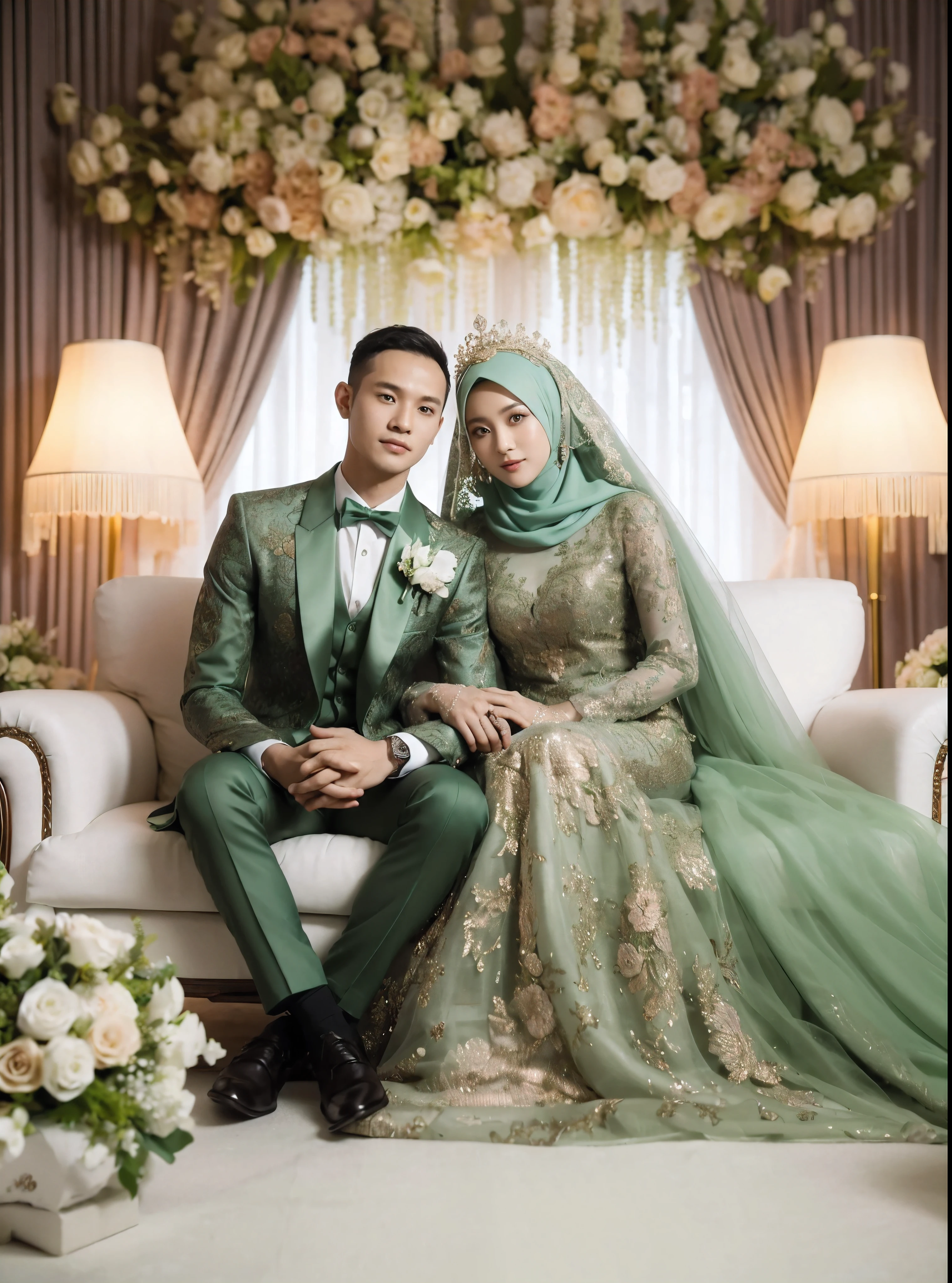 wedding photo, an Indonesian man and woman aged 30, wearing suits and wedding dresses with luxurious green colors, Muslim with hijab, background of flower arrangements and lights, sitting on a white sofa, embracing each other, posing for the camera, realistic photo, UHD, 32k 