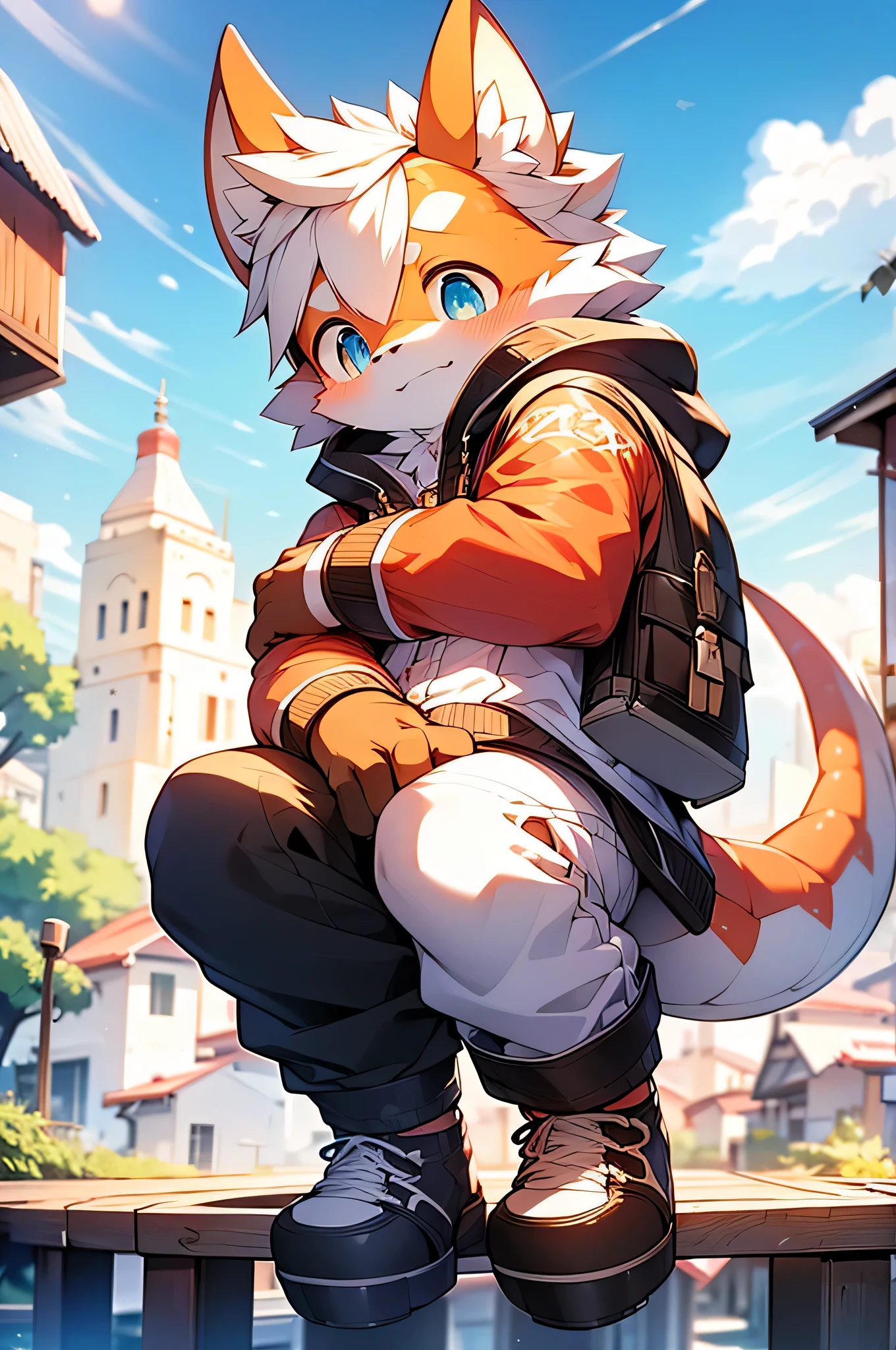 Light orange fur，white hair，orange dragon tail，There is white fluff at the end of the tail，white sweatshirt，hairy，God of Art Super Top Quality, super detailed, High resolution, Anime cute art style, The best anime, 8K, Kona sauce wallpaper, Pixiv Contest Winners, perfect anatomy,Blushing face , (Energetic teenager, :1.3), High resolution detailed hair，white wide-leg pants，on the street，blue sky，Sunset，The iris and pupil are well proportioned，blue pupils，blue ears，single