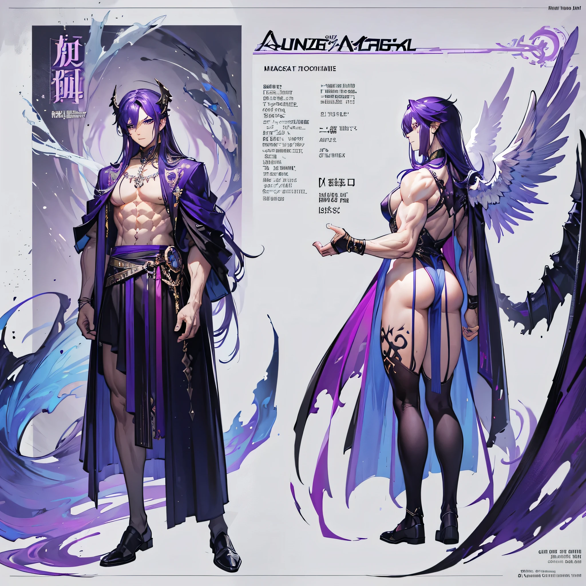 (Masterpiece, best quality), detailed, 1 man, ((character concept art)), ((character design sheet, same character, front, side, back)), full body, body complete, 1 Male, 1 Man, Detailed face, character design sheet,full bodyesbian, Highly detailed, character sheet, character design, Many parts, dark skin, angel wings, long purple hair, angel outfit, muscle male god, masculine, muscle man, male muscle, manly, male angel, Muscle male with purple long hair,beautiful man, abs, pectoral muscle