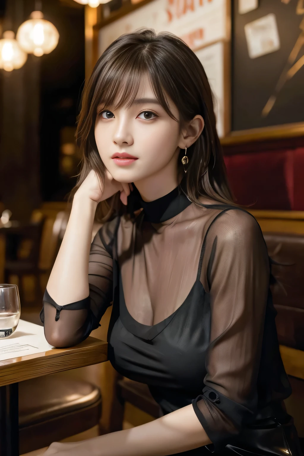 masterpiece, highest quality, Realistic, Very detailed, Finer details, High resolution, 8k wallpaper, One beautiful woman, Wear a black see-through shirt, In a great restaurant, At night, Light brown shaggy haircut, Perfect dynamic composition, Beautiful and beautiful eyes、Big earrings、Sitting in a chair、