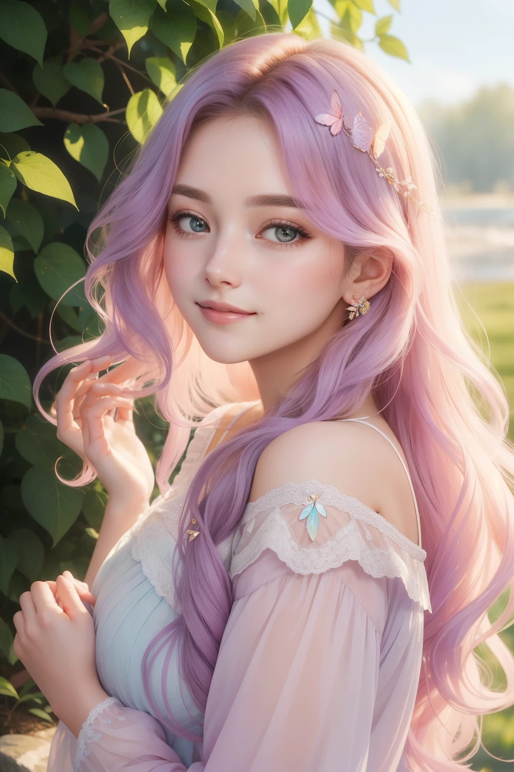 A poignant depiction of a with a delicate balance of emotions. The subject is dressed in a softly shaded pink and lilac ensemble, reflecting her love for these vibrant hues. Delicate butterfly motifsrn her clothes, symbolizing her profound affection for these delicate creatures, while her heart yearns for the tranquility of nature.
Her luminescent, gently rounded face is framed by lustrous, cascading s of soft, wavy hair, almost hiding the vulnerability and insecurity she harbors within. A shy smile creeps across her cherubic lips, as she gently averts her eyes, reflecting her intro