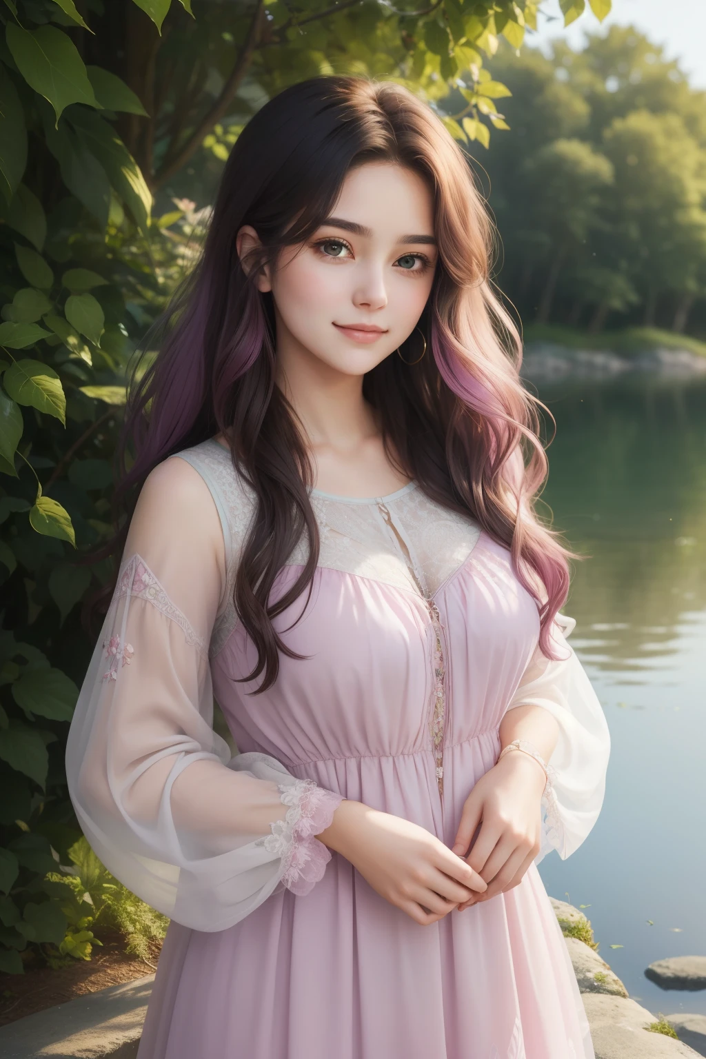 A poignant depiction of a 17-year-old girl with a delicate balance of emotions. The subject is dressed in a softly shaded pink and lilac ensemble, reflecting her love for these vibrant hues. Delicate butterfly motifs adorn her clothes, symbolizing her profound affection for these delicate creatures, while her heart yearns for the tranquility of nature.
Her luminescent, gently rounded face is framed by lustrous, cascading waves of soft, wavy hair, almost hiding the vulnerability and insecurity she harbors within. A shy smile creeps across her cherubic lips, as she gently averts her eyes, reflecting her intro