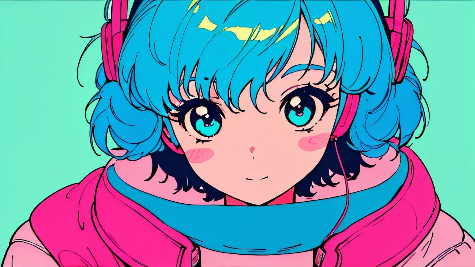 head set, Vibrant art,pop、bright、colorful, 1 female, Light blue hair, short hair、Happy,cute, animation style, kawaii, clearly, colorful cyberpunk, bubblegum pop, cute、Pink and light blue as main colors、Headphonesをしている、Headphones、music、