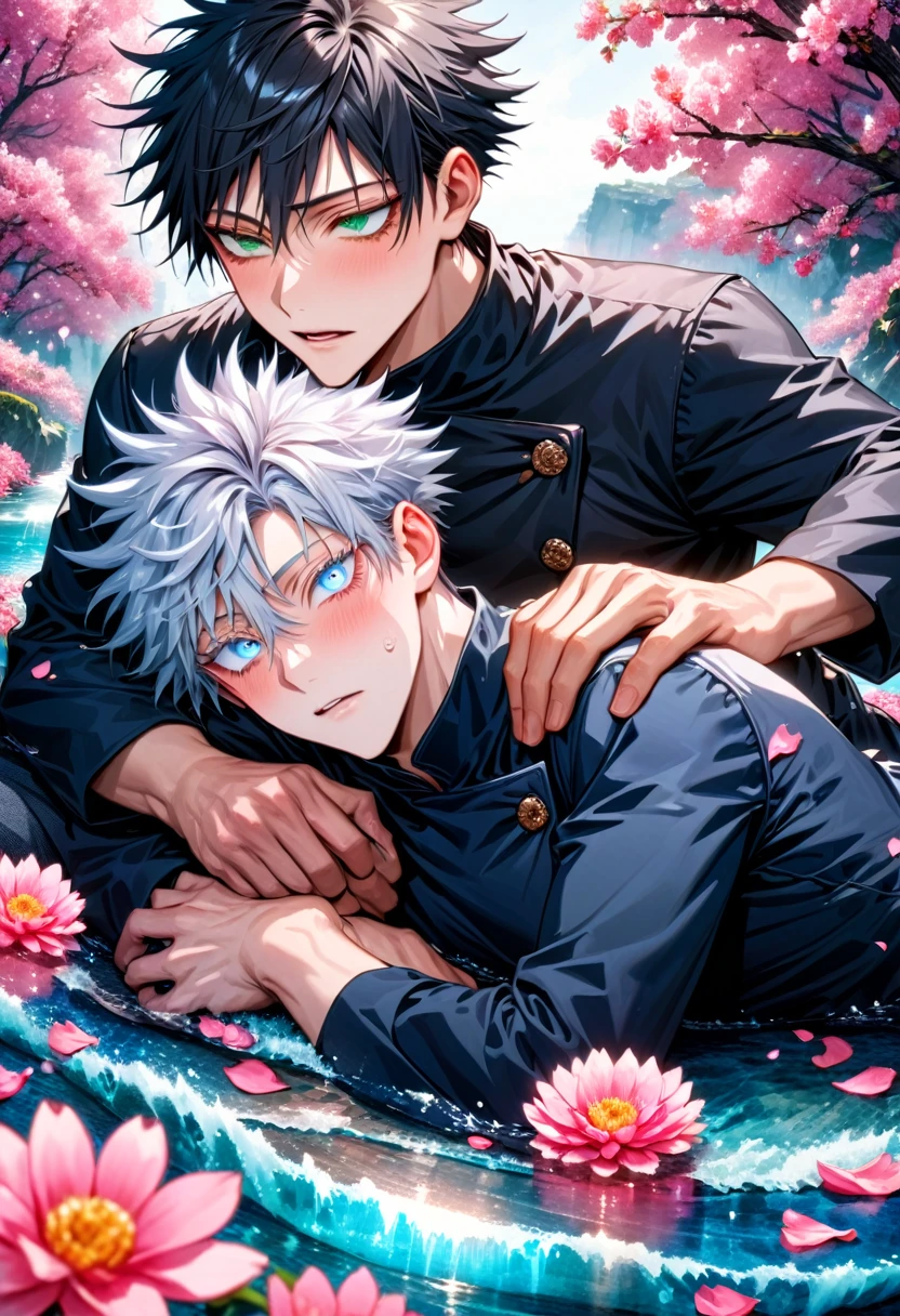 Ultra detailed, Highres, absurdres, HDR, master piece, Gojo Satoru, white hair with bangs, hair between the eyes, white eyelashes, expressive blue eyes, Fushiguro Megumi, black hair, expressive green eyes, Jujutsu Kaisen, handsome, two man together, gay couple, love, yaoi, extremely detailed eyes and face, water, pink flowers, blossoms, petals, sexy, fantasy, black clothes, magic