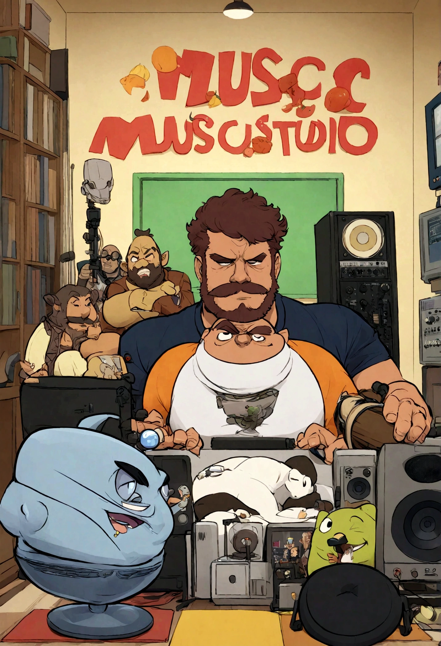 Um homem, Careca, usando uma tampa preta, barba curta, olhos castanhos, com fones de ouvido, a music studio in the background, imagem no estilo pixar, camiseta preta