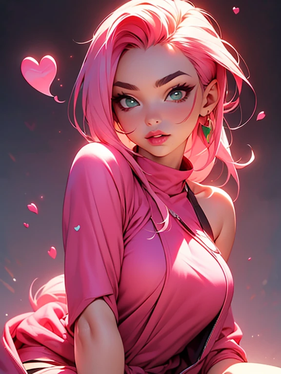 young woman, bubblegum pink hair tied in a bun, wide forehead, porcelain skin, pink eyebrows, emerald green eyes, upturned nose, thick pink lips, heart-shaped face, dark red clothes, Sakura Haruno, realism, well detailed, 3d