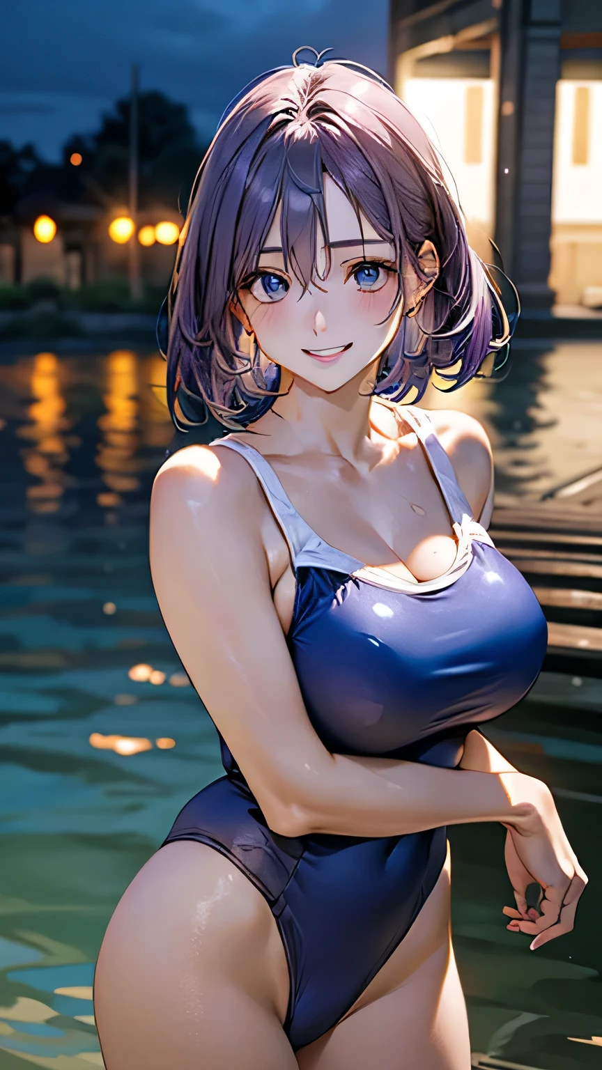(masterpiece:1.2, highest quality), (Realistic, photoRealistic:1.4), Beautiful illustrations, (Natural Side Lighting, Cinema Lighting), Browsing Caution,
View Viewer, Cowboy Shot, Front view:0.6, 1 girl, Japanese, high school girl, Perfect Face, Cute and symmetrical face, Shiny skin,
(short hair:1.2, Rob:1.2, Light purple hair), Hair between the eyes, blue eyes, Long Eyelashes, (Big Breasts:0.7, Thick thighs),
Beautiful Hair, Beautiful Face, Beautiful fine details, Beautiful clavicle, Beautiful body, Beautiful breasts, Beautiful thighs, Beautiful feet, Beautiful fingers,
((Blue school swimsuit)),
(Beautiful views), evening, River side, walk, (smile, Open your mouth),