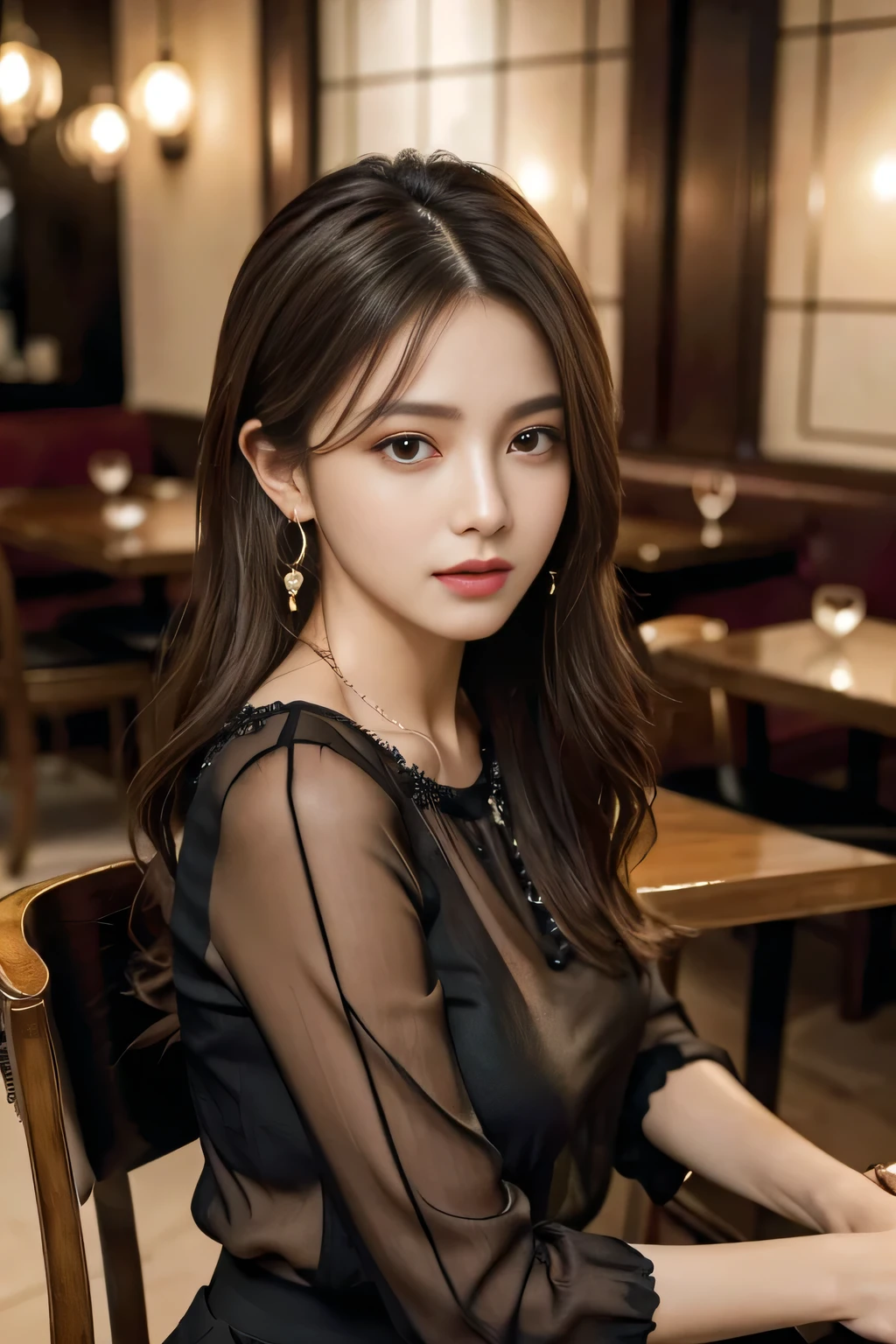 masterpiece, highest quality, Realistic, Very detailed, Finer details, High resolution, 8k wallpaper, One beautiful woman, Wear a black see-through blouse, In a great restaurant, At night, Light brown messy hair, Perfect dynamic composition, Beautiful and beautiful eyes、Big earrings、Sitting in a chair、