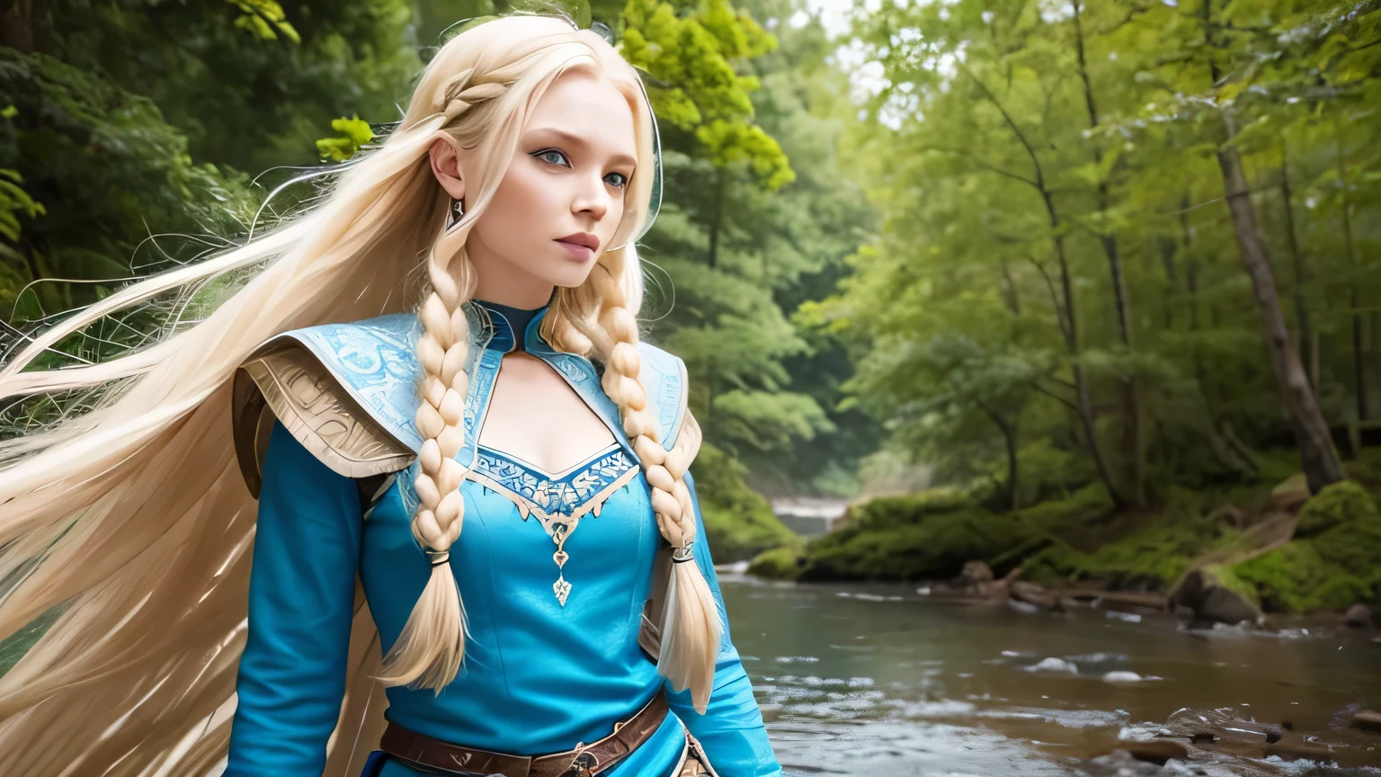 Viking woman, long blonde hair, dreadlocks, blue eyes, slight smile, beautiful and defined body, surrounded by nature. Dressed in Blue.