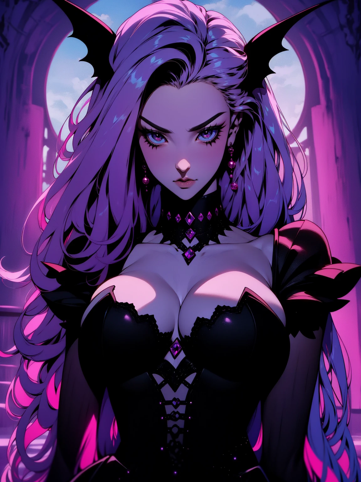 {-erro_de_anatomia:1.0} (best quality,4k,8k,highres,masterpiece:1.2) (masterpiece, top quality, best quality, official art, beautiful and aesthetic: 1.2), (1 woman: 1.3) Succubus girl, long lilac hair , magenta eyes, (crystal eyes) succubus wings, magenta pant, magenta gloves, attractive, moonlight, dinamic poses, perfect hands (perfect fingers), angry face, dinamicc poses