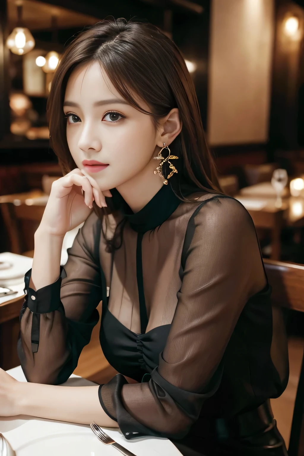 masterpiece, highest quality, Realistic, Very detailed, Finer details, High resolution, 8k wallpaper, One beautiful woman, Wear a black see-through blouse, In a great restaurant, At night, Light brown messy hair, Perfect dynamic composition, Beautiful and beautiful eyes、Big earrings、Sitting in a chair、