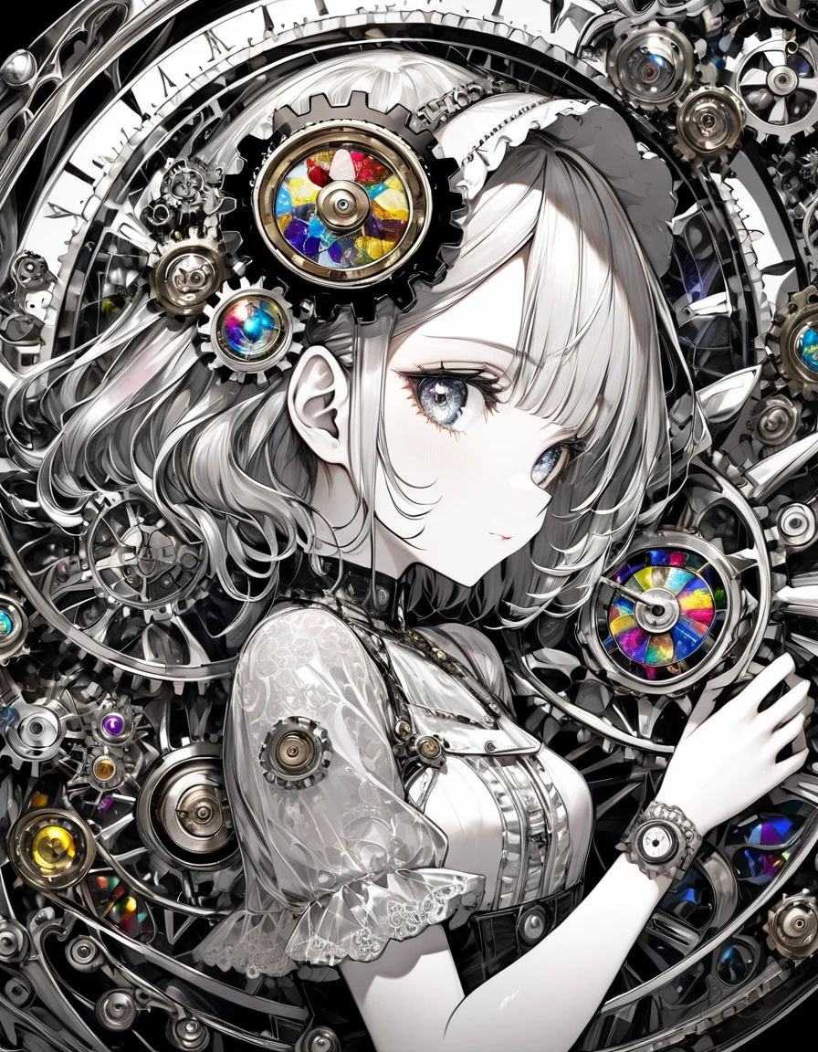 best quality, super fine, 16k, incredibly absurdres, extremely detailed, delicate and dynamic, stained glass kaleidoscope made of jewels of various colors, with mechanical mechanisms, clockwork mechanisms, and gear mechanisms, monochrome girl peering into it, iridescent world artwork