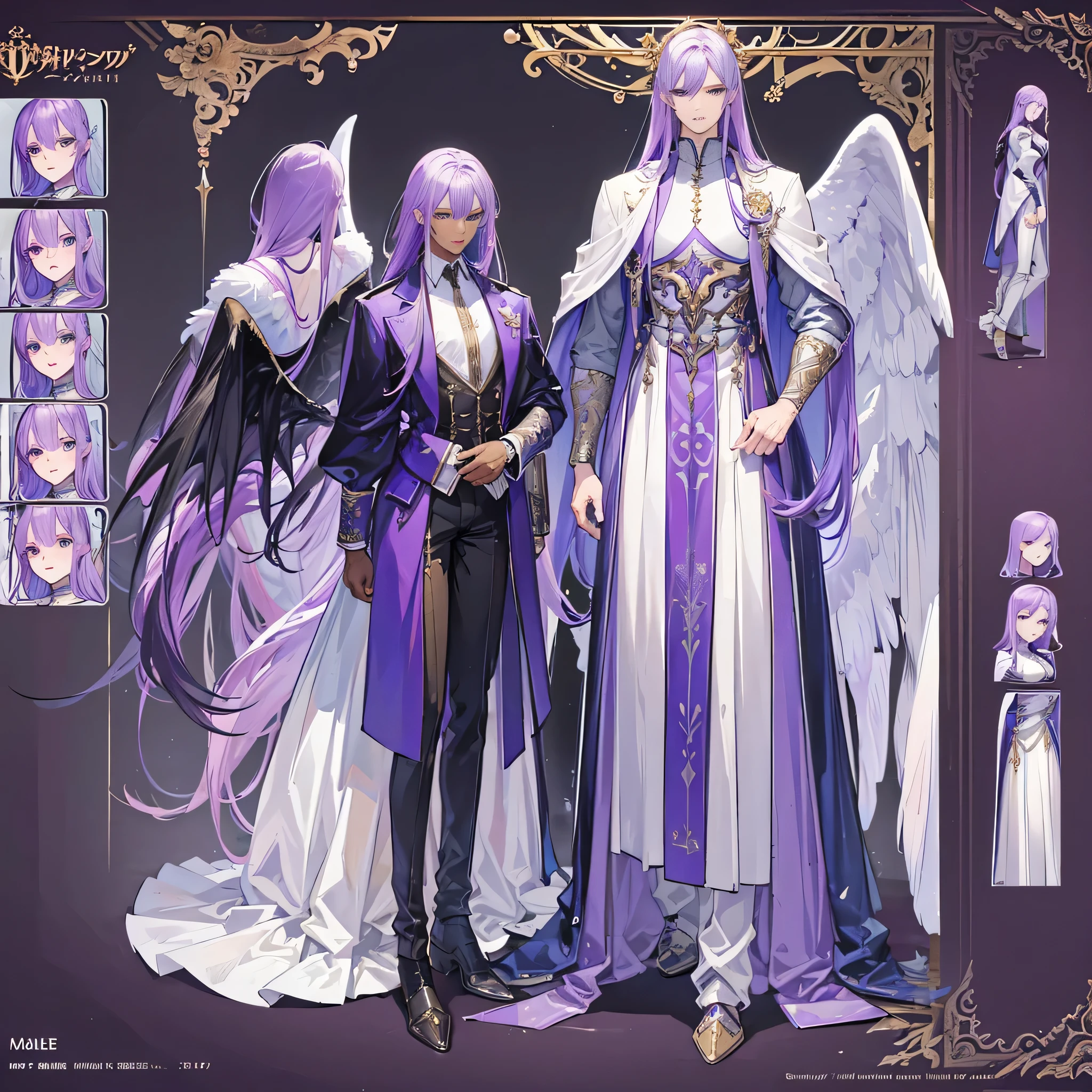 (Masterpiece, best quality), detailed, 1 man, ((character concept art)), ((character design sheet, same character, front, side, back)), full body, body complete, 1 Male, 1 Man, Detailed face, character design sheet,full bodyesbian, Highly detailed, character sheet, character design, Many parts, dark skin, angel wings, long purple hair, male angel outfit, masculine, muscle male god, muscle man, male muscle, manly, male angel, Muscle male with purple long hair, beautiful man