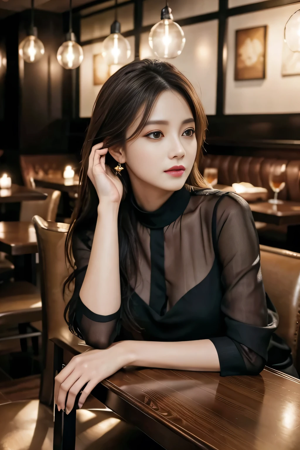 masterpiece, highest quality, Realistic, Very detailed, Finer details, High resolution, 8k wallpaper, One beautiful woman, Wear a black see-through blouse, In a great restaurant, At night, Light brown messy hair, Perfect dynamic composition, Beautiful and beautiful eyes、Big earrings、Sitting in a chair、
