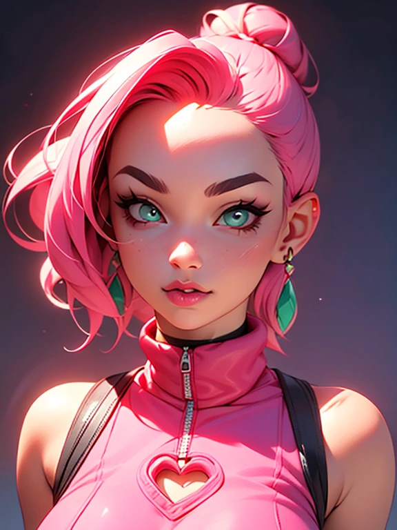 young woman, bubblegum pink hair tied in a bun, wide forehead, porcelain skin, pink eyebrows, emerald green eyes, upturned nose, thick pink lips, heart-shaped face, dark red clothes, Sakura Haruno, realism, well detailed, 3d