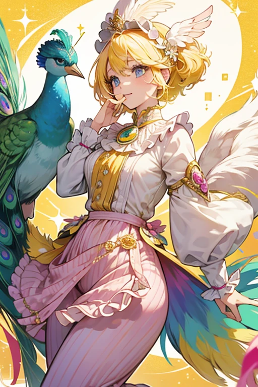 sHe resembles a cream peacock wearing dark pink pants. sHe has a yellow beak and a tuft of yellow hair on her head. sHe has a frilly yellow tail with rainbow colored feathers on it. SPARKLE; GLITTER