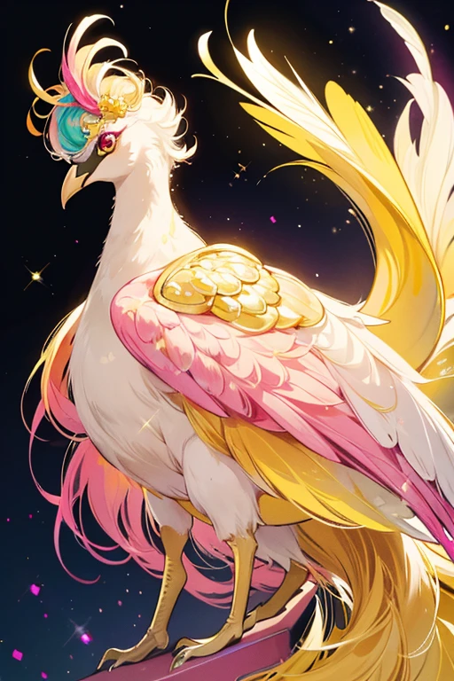 sHe resembles a cream peacock wearing dark pink pants. sHe has a yellow beak and a tuft of yellow hair on her head. sHe has a frilly yellow tail with rainbow colored feathers on it. SPARKLE; GLITTER