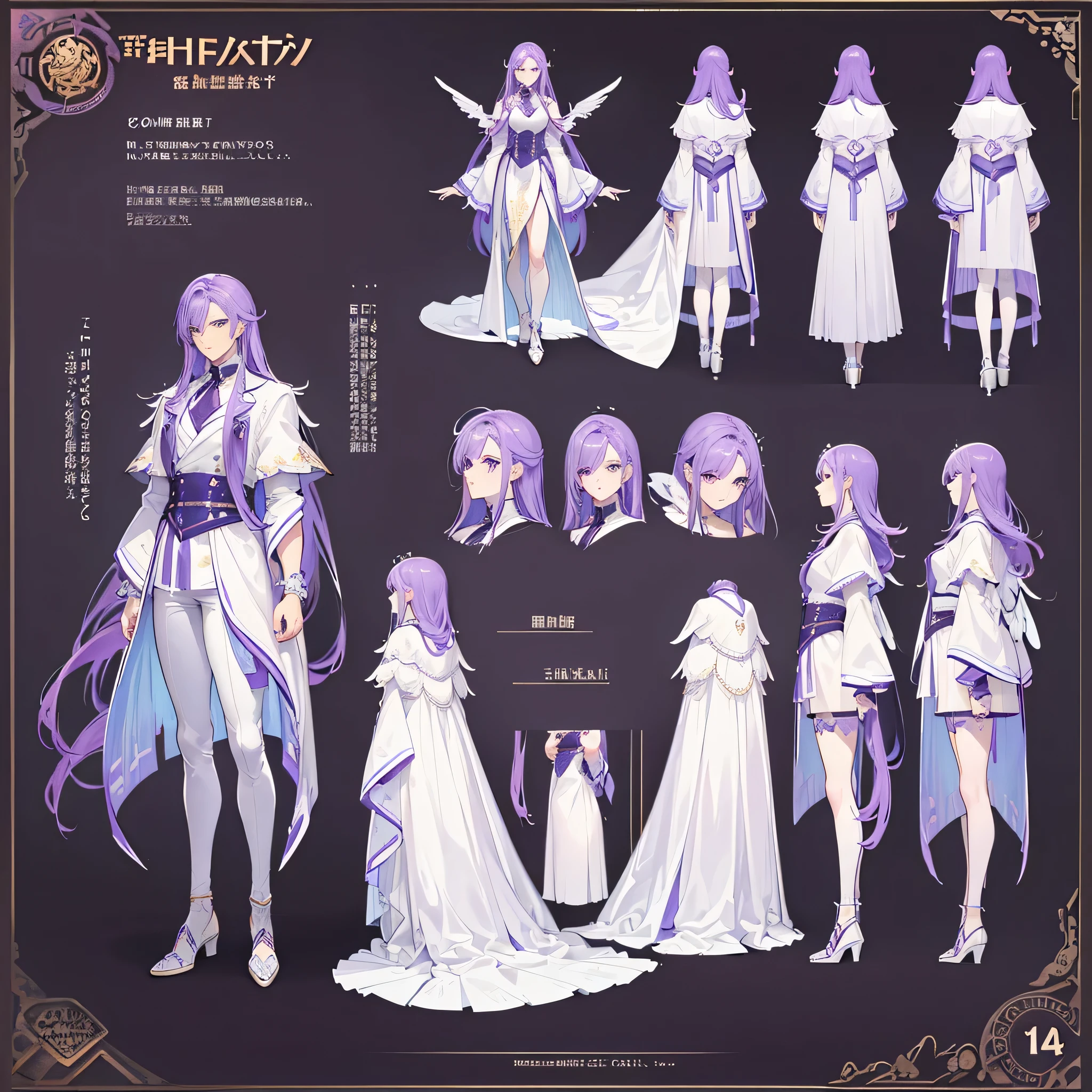 (Masterpiece, best quality), detailed, 1 man, ((character concept art)), ((character design sheet, same character, front, side, back)), full body, body complete, 1 Male, 1 Man, Detailed face, character design sheet,full bodyesbian, Highly detailed, character sheet, character design, Many parts, dark skin, angel wings, long purple hair, male angel outfit, masculine, muscle male god, muscle man, male muscle, manly, male angel, Muscle male with purple long hair, beautiful man