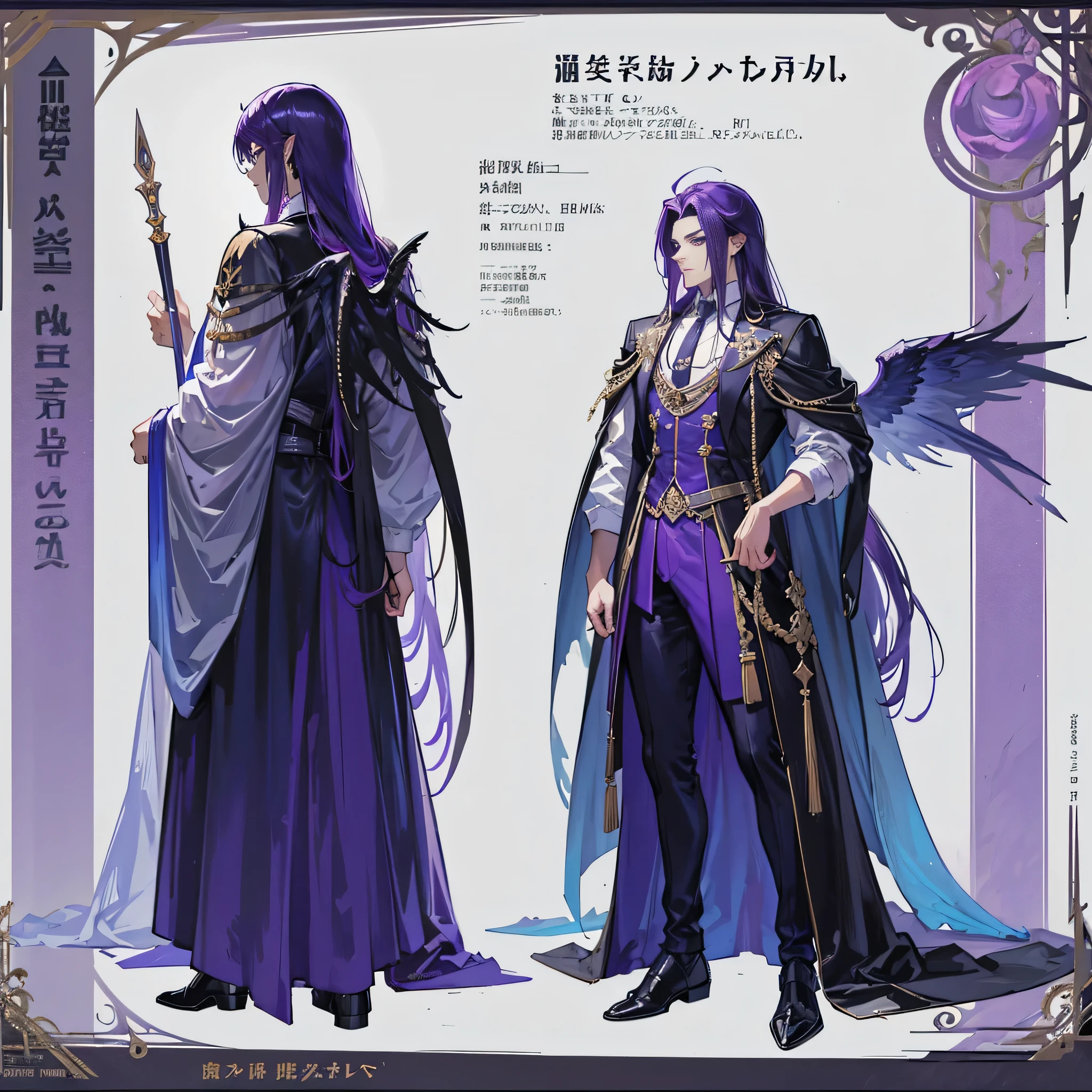 (Masterpiece, best quality), detailed, 1 man, ((character concept art)), ((character design sheet, same character, front, side, back)), full body, body complete, 1 Male, 1 Man, Detailed face, character design sheet,full bodyesbian, Highly detailed, character sheet, character design, Many parts, dark skin, angel wings, long purple hair, male angel outfit, masculine, muscle male god, muscle man, male muscle, manly, male angel, Muscle male with purple long hair, beautiful man