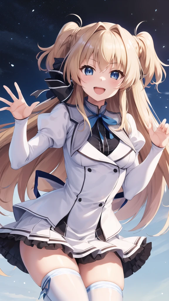 masterpiece, best quality, highres, 1girl, solo, long hair, blonde hair, two side up, (hair ribbon:1.1), blue eyes, neck ribbon, , white jacket, juliet sleeves, long sleeves, white skirt, thigh ribbon, black thighhighs, classroom, smile, open mouth, waving