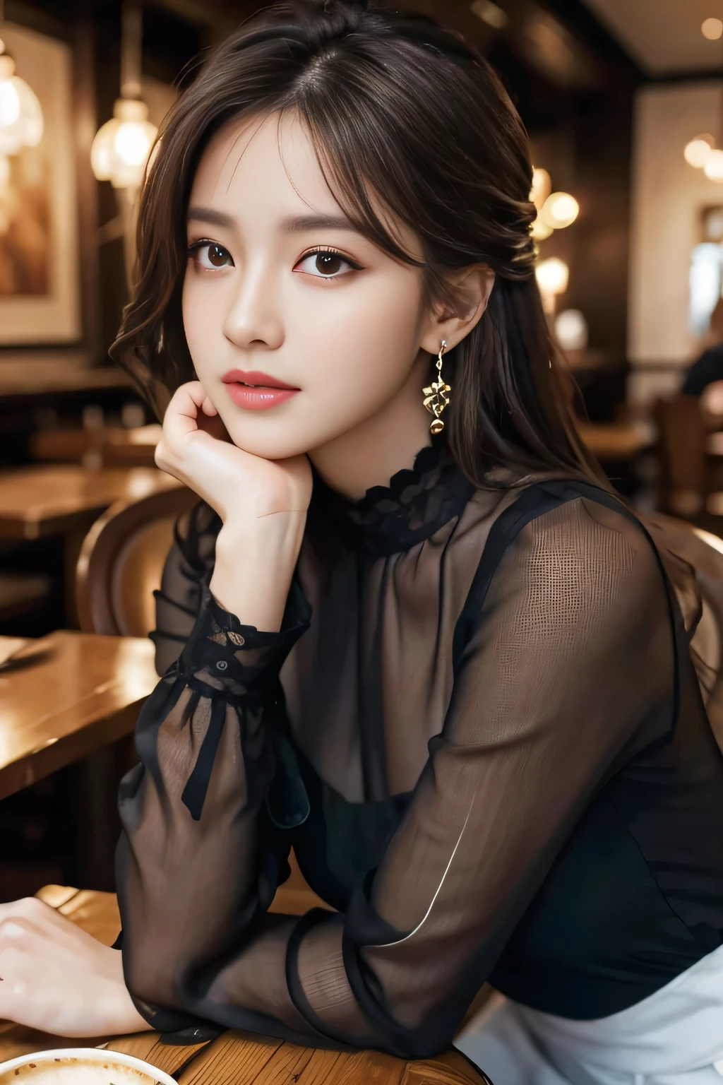 masterpiece, highest quality, Realistic, Very detailed, Finer details, High resolution, 8k wallpaper, One beautiful woman, Wear a black see-through blouse, In a great restaurant, At night, Light brown messy hair, Perfect dynamic composition, Beautiful and beautiful eyes、Big earrings、Sitting in a chair、