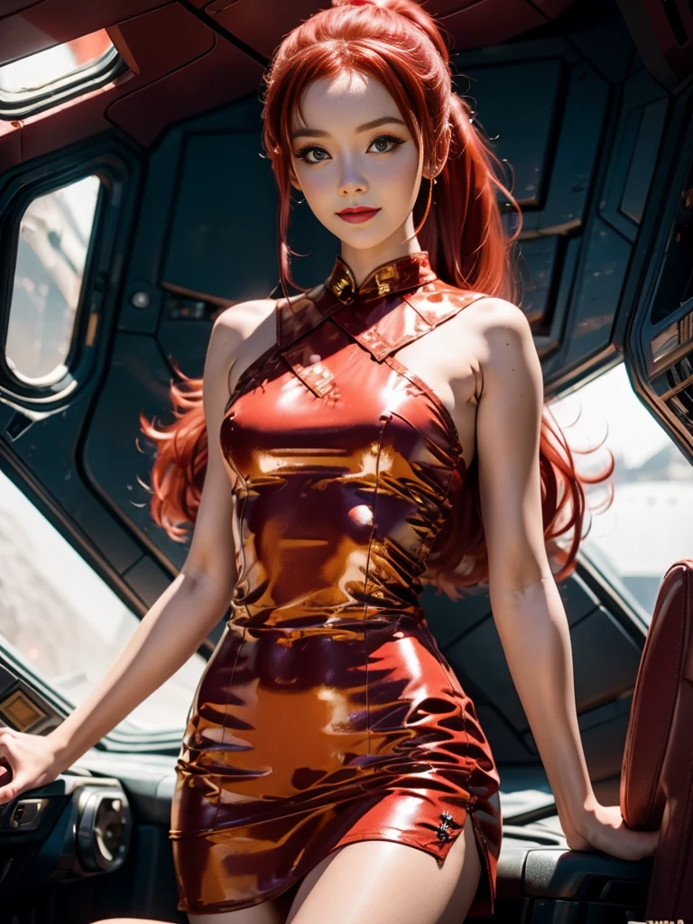 (masterpiece, best quality:1.2), 1 girl, alone, vintage pin-up miss 21 years old, legs crossed in pantyhose, beautiful detailed face, make up, straight red hair, ponytail, small smile, (((Dress stamped))), setting: in the spaceship port. hyperrealism, 4k, Photographed with a Canon EOS R5, 50mm lens, F/2.8, RAW quality