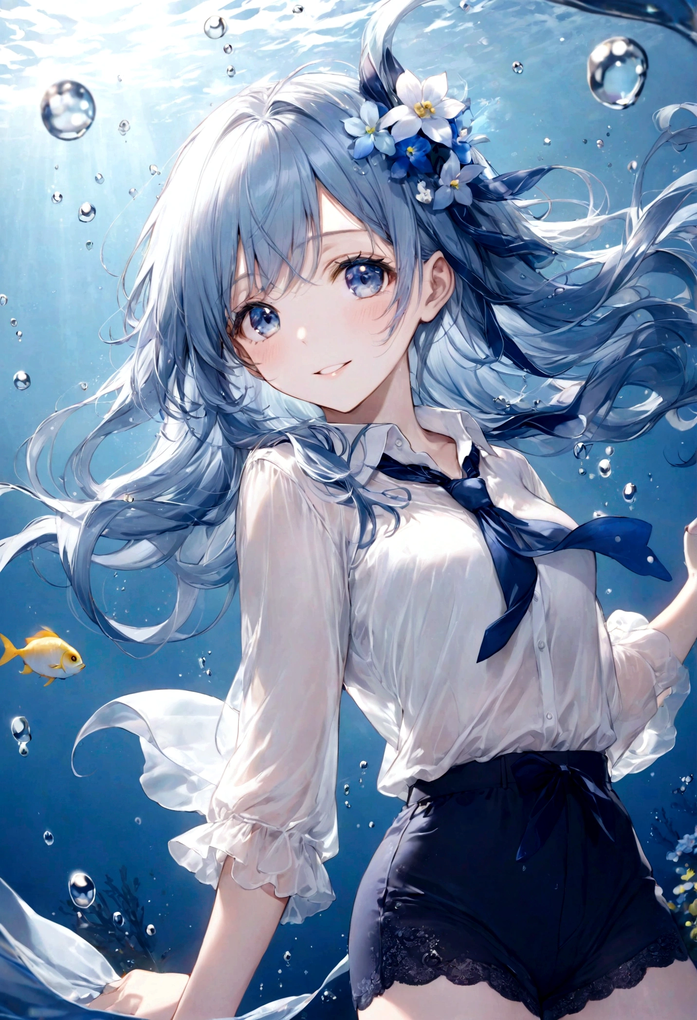 (top-quality)), ((masterpiece)), ((ultra-detailliert)), (extremely delicate and beautiful), bright sky blue hair, watery hair, bright sapphire eyes, fair skin, beautiful woman, sheer white shirt, sheer silky navy blue shorts, navy blue ribbon tie, pearl decorations, underwater world, cold background, air bubbles, water bubbles, underwater, sweet smile, relaxed expression, delicate wavy long hair, blue and white flowers on hair