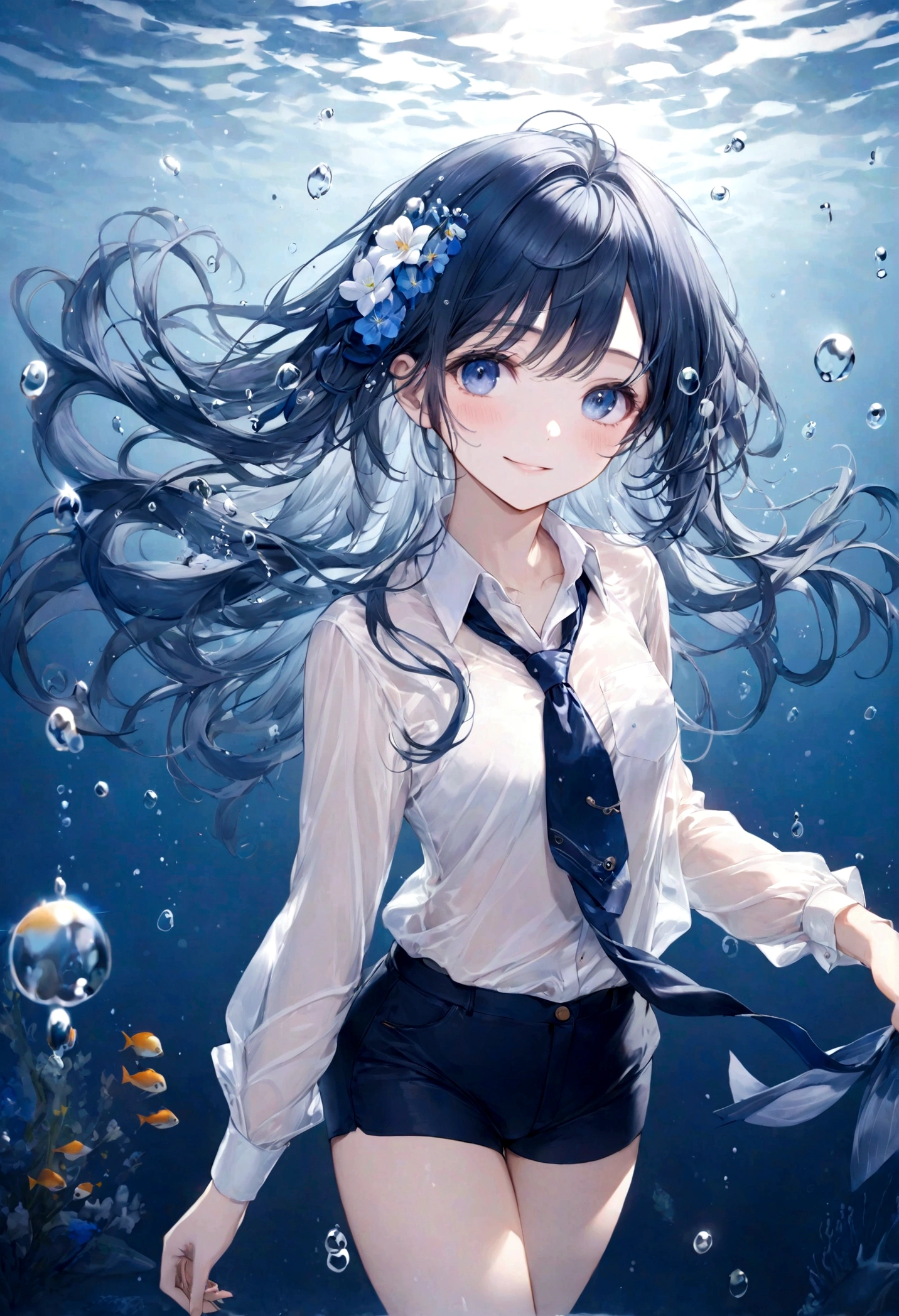 (top-quality)), ((masterpiece)), ((ultra-detailliert)), (extremely delicate and beautiful), bright sky blue hair, watery hair, bright sapphire eyes, fair skin, beautiful woman, sheer white shirt, sheer silky navy blue shorts, navy blue ribbon tie, pearl decorations, underwater world, cold background, air bubbles, water bubbles, underwater, sweet smile, relaxed expression, delicate wavy long hair, blue and white flowers on hair