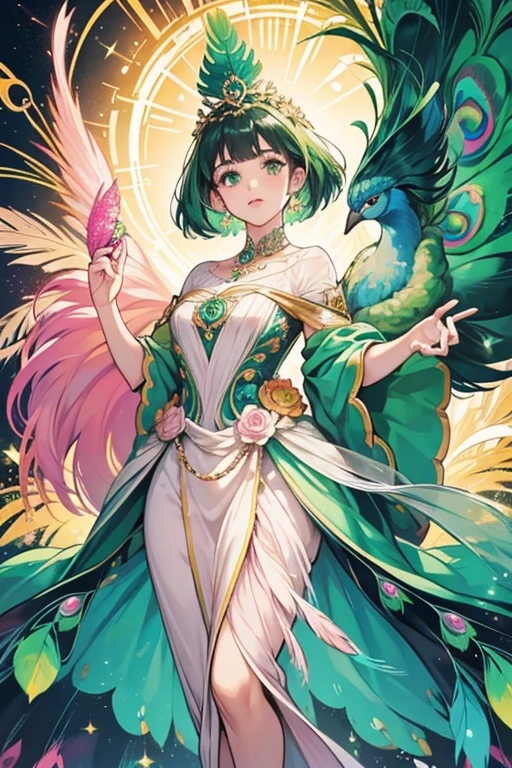 she has the appearance of a peacock. sHe has green, dark green and orange feathers and a blue, yellow and green body. she also has dark round eyes, a pink beak, and pink feet. SPARKLE; GLITTER