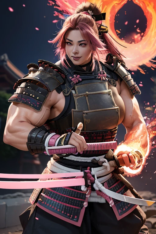 ((((Massive, tall, beautiful, buff, muscular light brown skinned female samurai with shocking pink hair, black lipstick, ginormous bulky muscles, holding a pink fire sword and wearing an all pink samurai armor with pants)))), {close view}, black eyeliner, massive muscles, large breast, massive biceps, hyper muscle triceps, (angled bob cut), red eyes, samurai boots, In a battlefield, sleeveless, steel samurai armor, nighttime, confident smile, hyper muscles arms, hyper muscle legs, ginormous arms