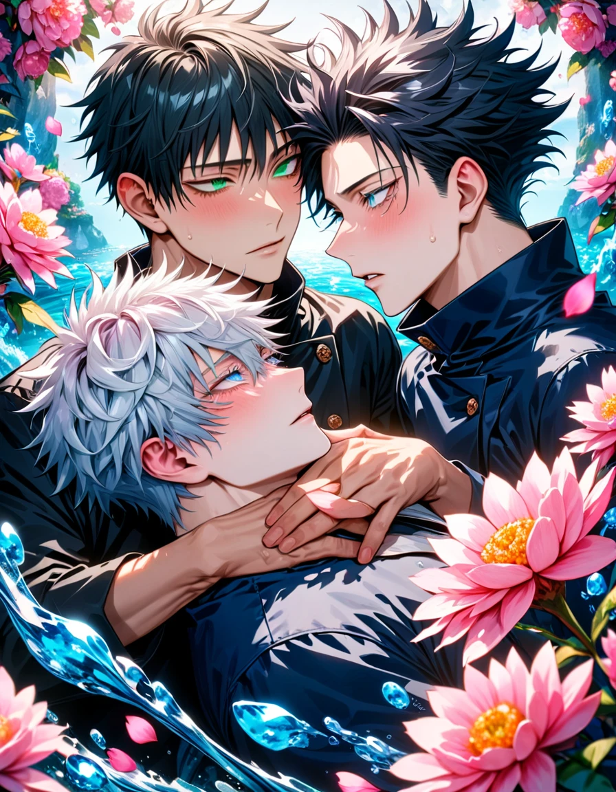 Ultra detailed, Highres, absurdres, HDR, master piece, Gojo Satoru, white hair with bangs, hair between the eyes, white eyelashes, expressive blue eyes, Fushiguro Megumi, black hair, expressive green eyes, Jujutsu Kaisen, handsome, two man together, gay couple, love, yaoi, extremely detailed eyes and face, water, pink flowers, blossoms, petals, sexy, fantasy, black clothes, magic