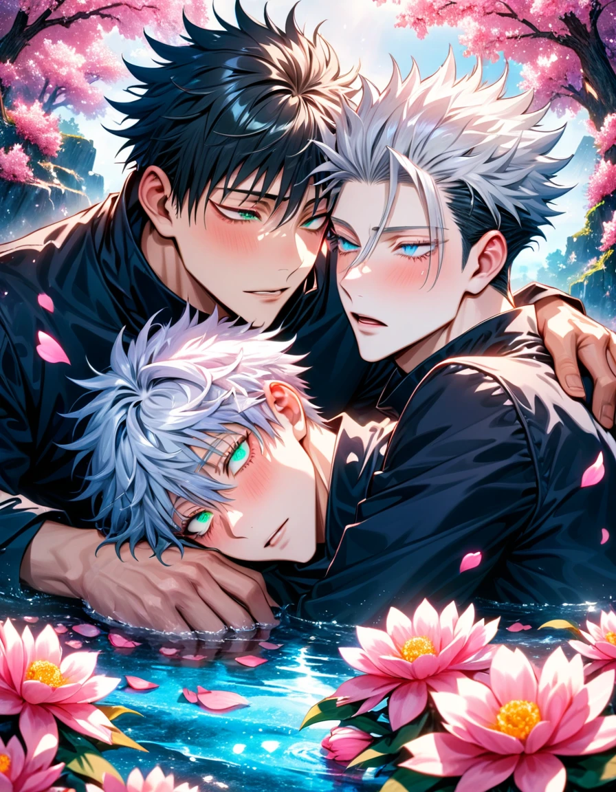 Ultra detailed, Highres, absurdres, HDR, master piece, Gojo Satoru, white hair with bangs, hair between the eyes, white eyelashes, expressive blue eyes, Fushiguro Megumi, black hair, expressive green eyes, Jujutsu Kaisen, handsome, two man together, gay couple, love, yaoi, extremely detailed eyes and face, water, pink flowers, blossoms, petals, sexy, fantasy, black clothes, magic