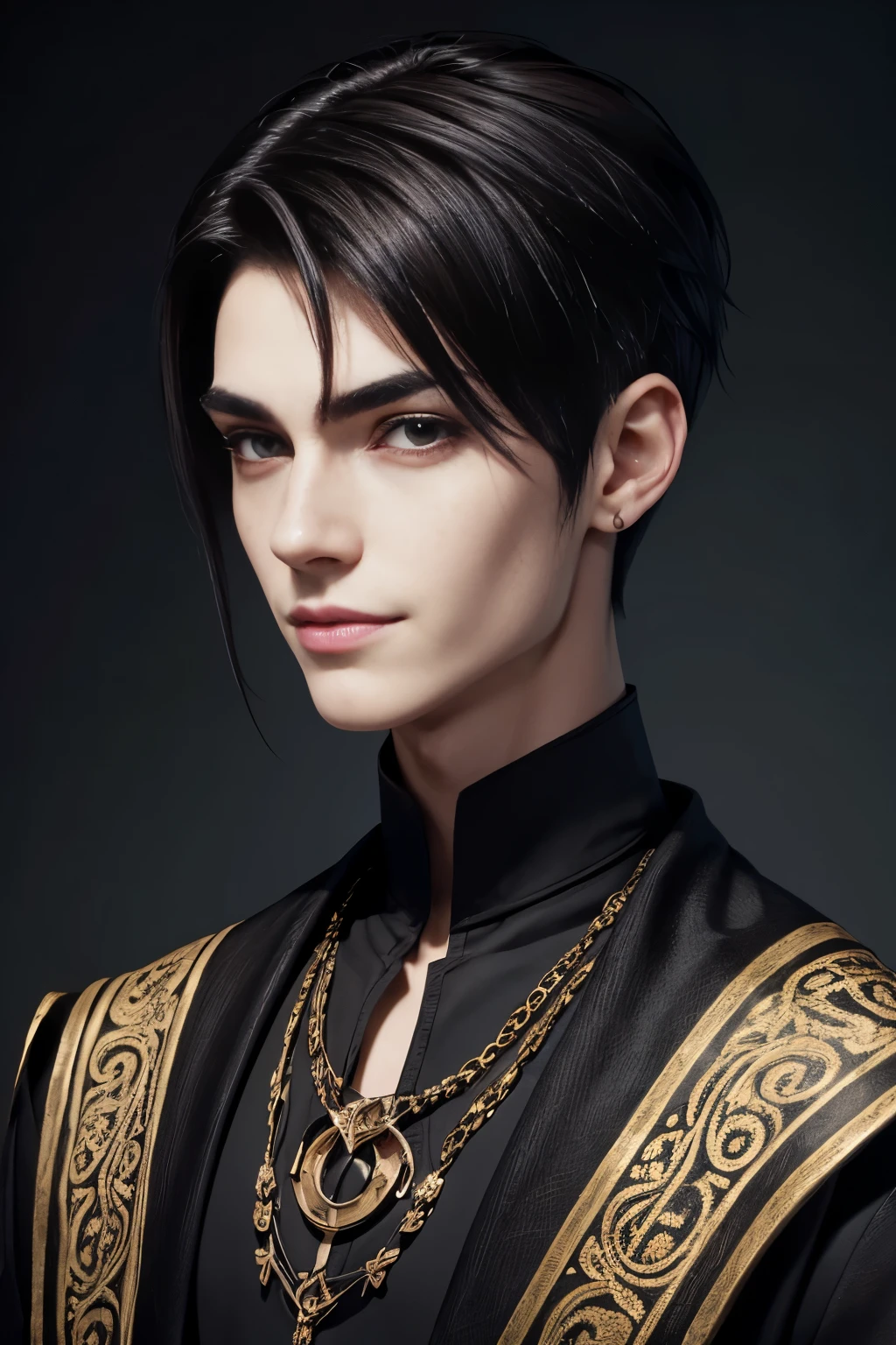 Portrait of an young androgynous male dark warlock in a fantasy setting. Skinny. Kind. Friendly. Smiling. Very pale skin with freckles and liverspots. Dark-brown hair. Short Undercut. Sides shaved. Big upturned dark-brown eyes. deep-set eyebrows. Very thinned out bright eyebrows. Long wide nose. Curved lips. Round face. Round chin. Long neck. Slim body. Black clothing.