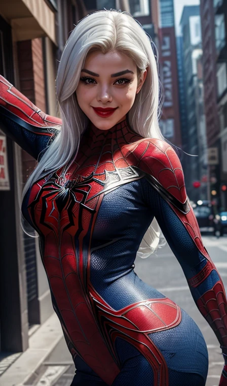 HD, realistic, detailed, smooth texture, masterpiece, 4D, 4K, ((perfect face)), ((a sexy woman wear spiderman costume)), medium hair, ((white hair)), big breasts, very sexy body, smile, sexy thick red lips, is in outdoor with a sexy pose, ((perfact body)).