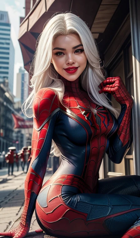 HD, realistic, detailed, smooth texture, masterpiece, 4D, 4K, ((perfect face)), ((a sexy woman wear spiderman costume)), medium hair, ((white hair)), big breasts, very sexy body, smile, sexy thick red lips, is in outdoor with a sexy pose, ((perfact body)).